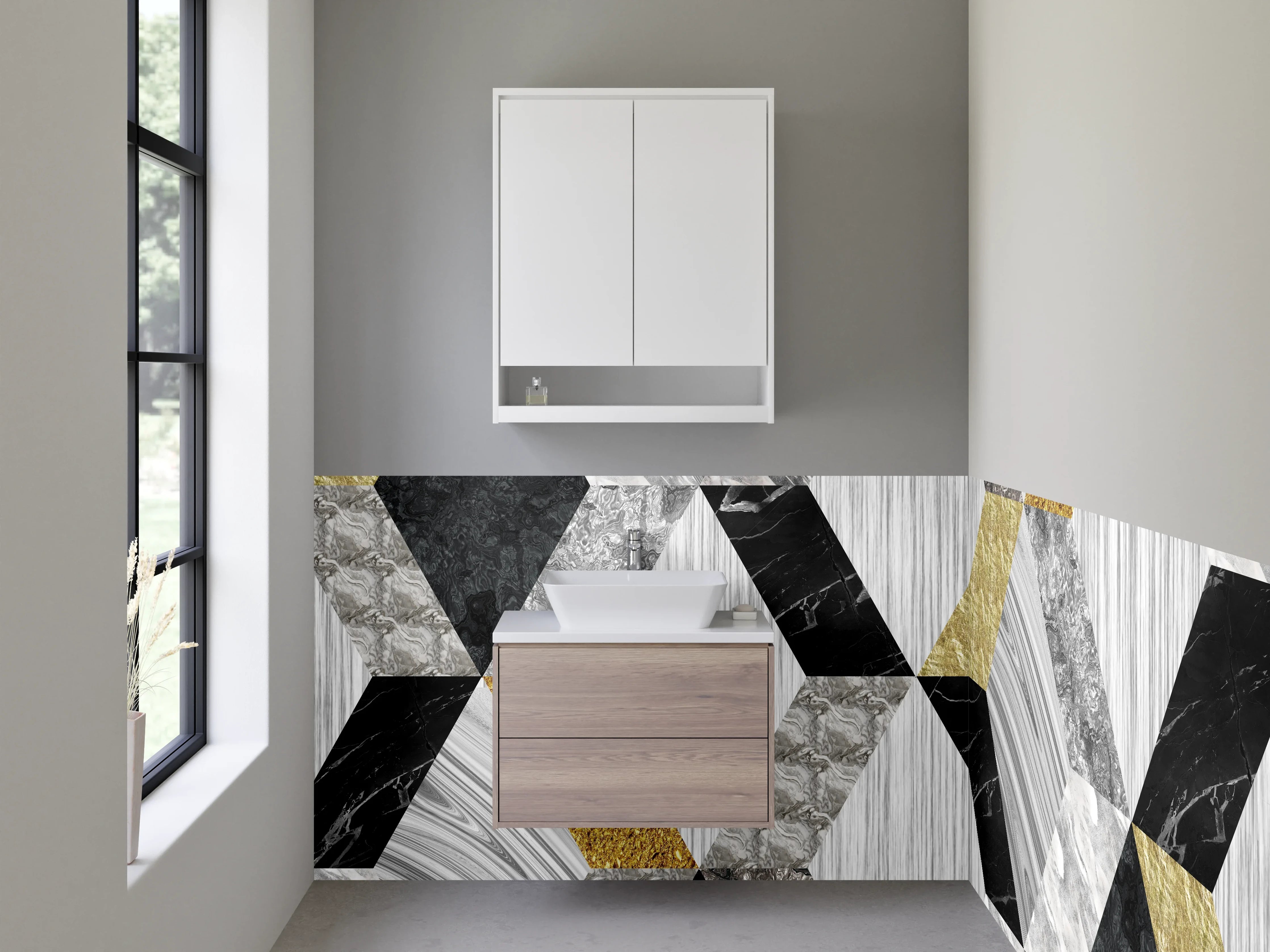 Waschbecken-Rückwand - Geometrisches Marmor-Mosaik in Gold-Optik