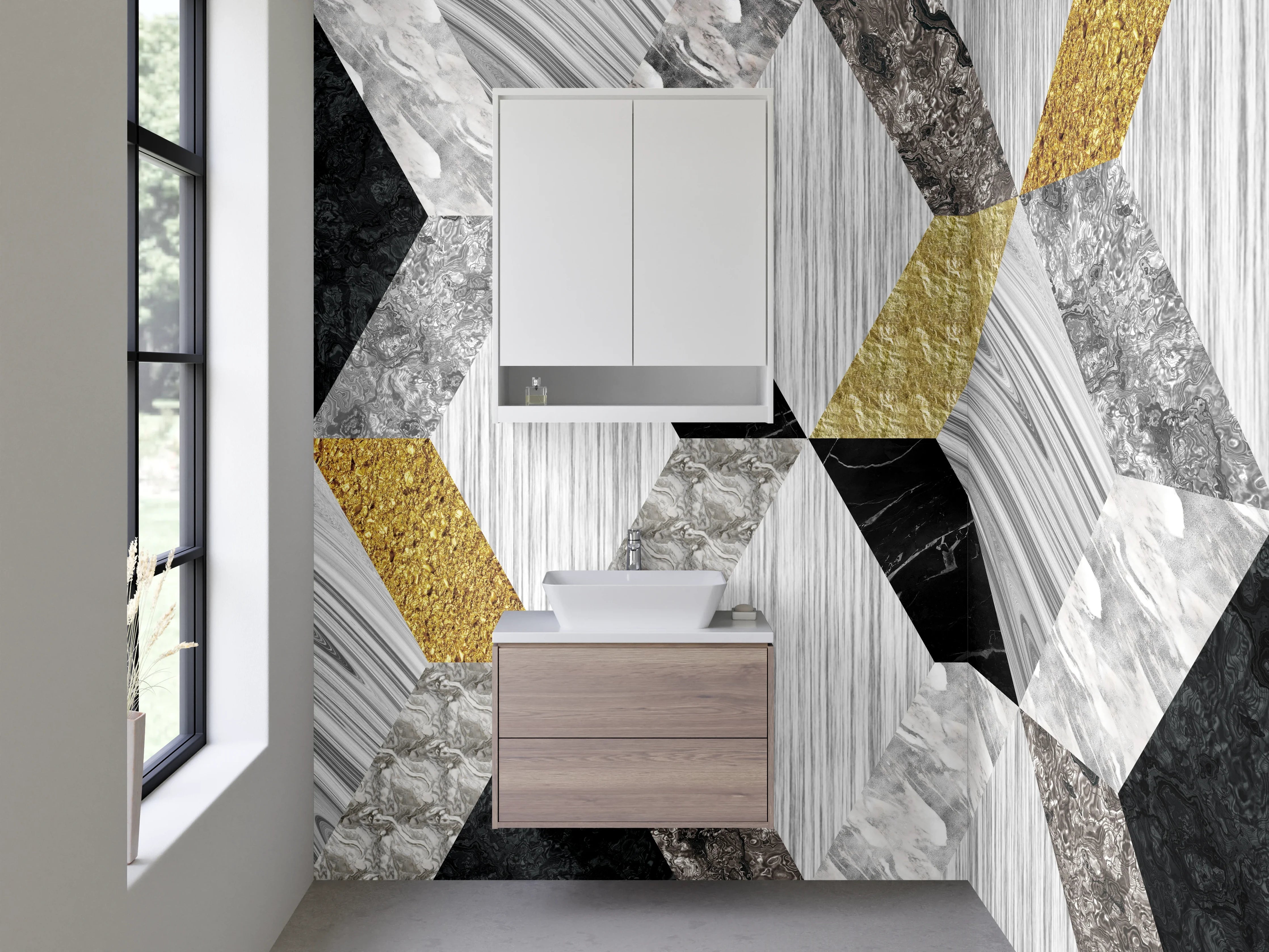 Waschbecken-Rückwand - Geometrisches Marmor-Mosaik in Gold-Optik
