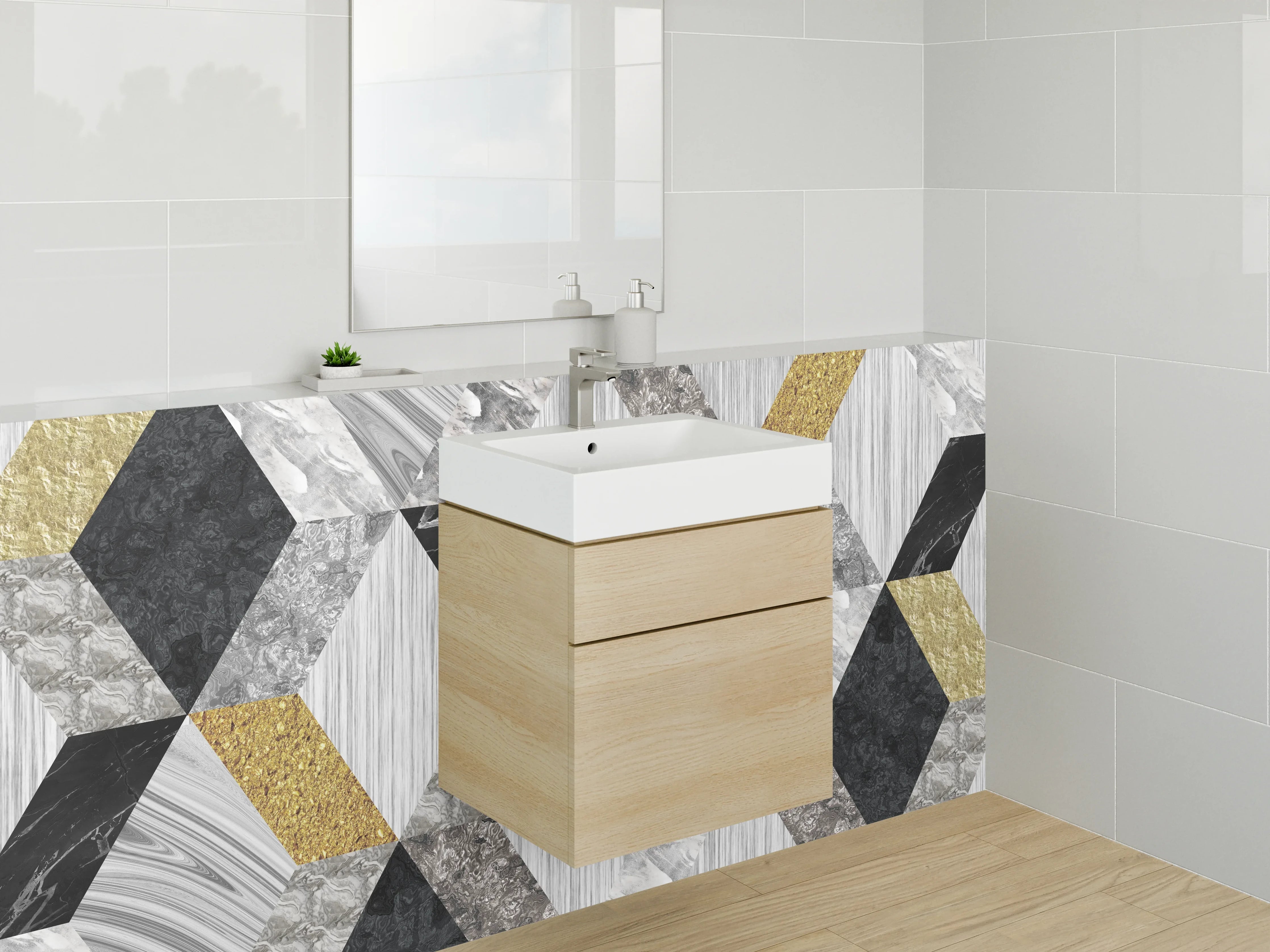 Waschbecken-Rückwand - Geometrisches Marmor-Mosaik in Gold-Optik