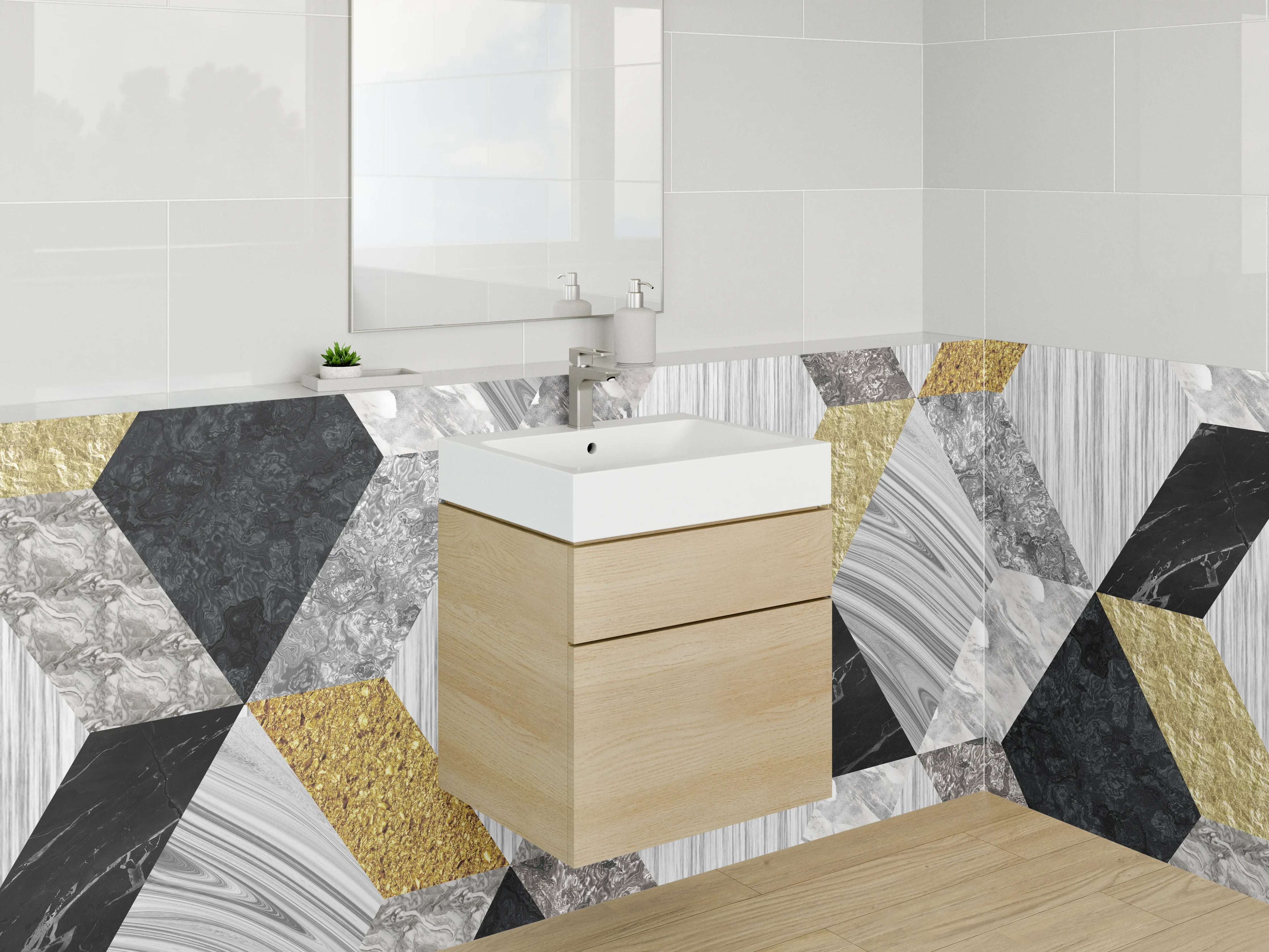 Waschbecken-Rückwand - Geometrisches Marmor-Mosaik in Gold-Optik