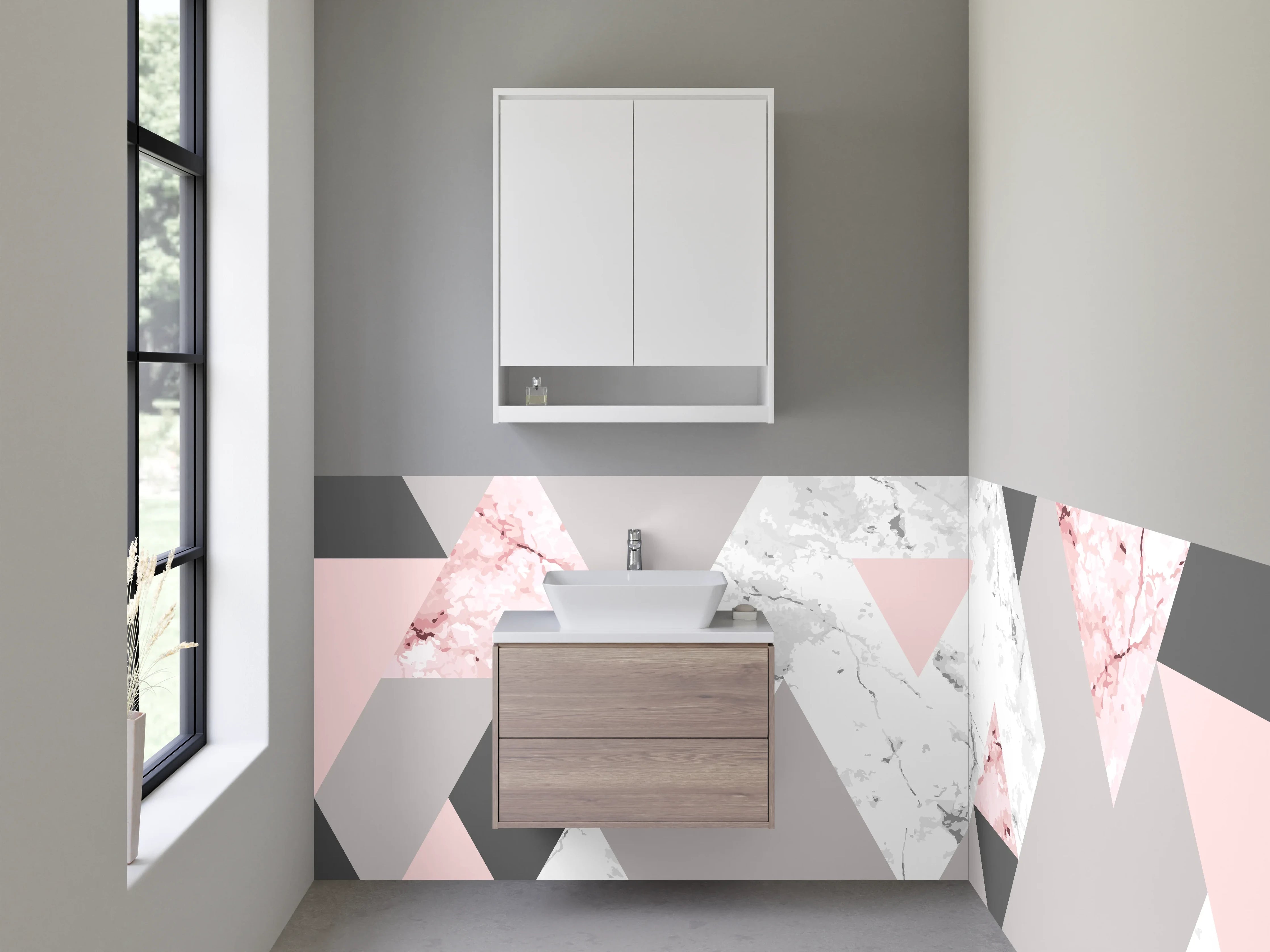 Waschbecken-Rückwand - Geometrisches Marmor Muster Rosa Grau Weiß