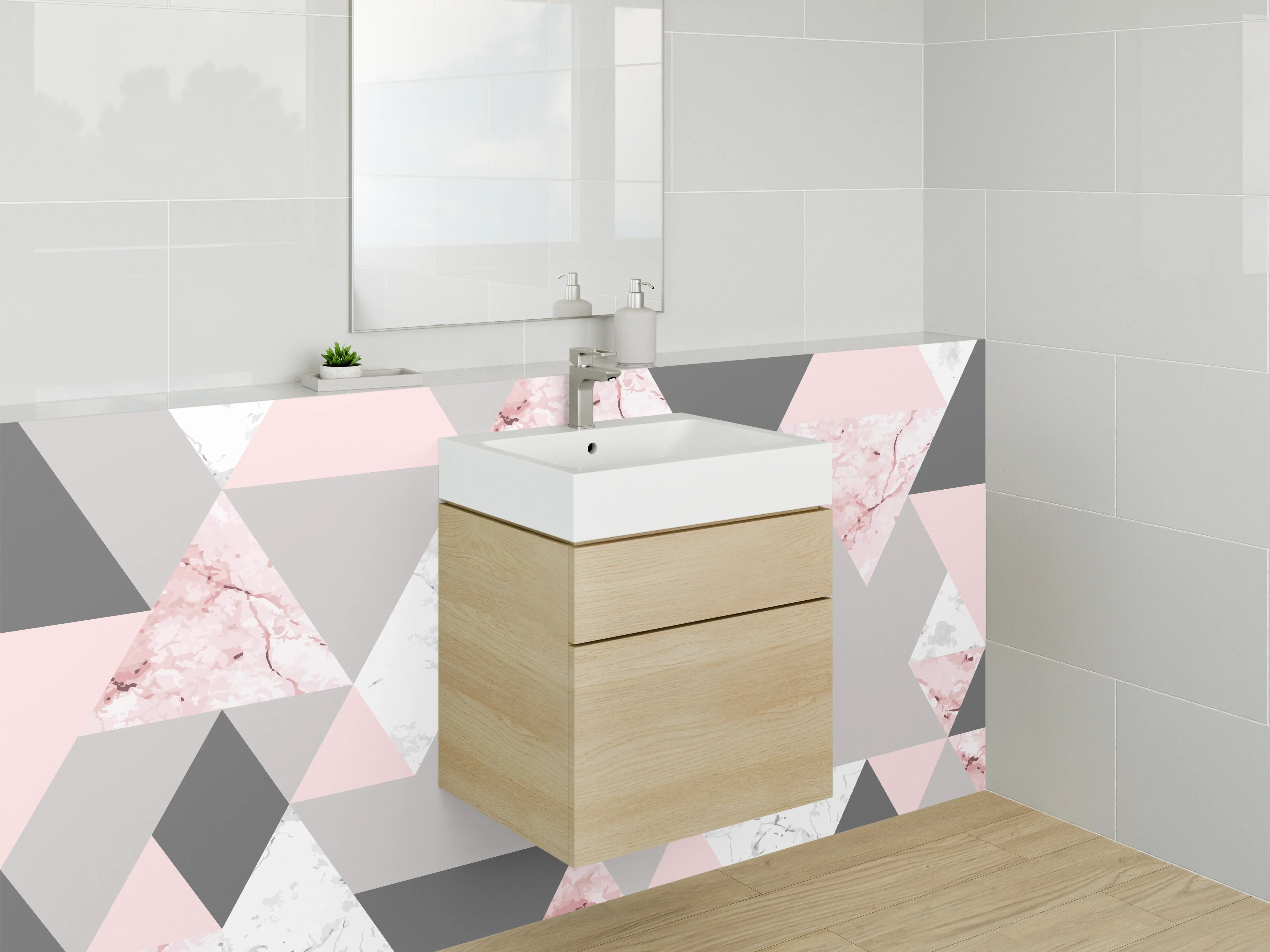 Waschbecken-Rückwand - Geometrisches Marmor Muster Rosa Grau Weiß
