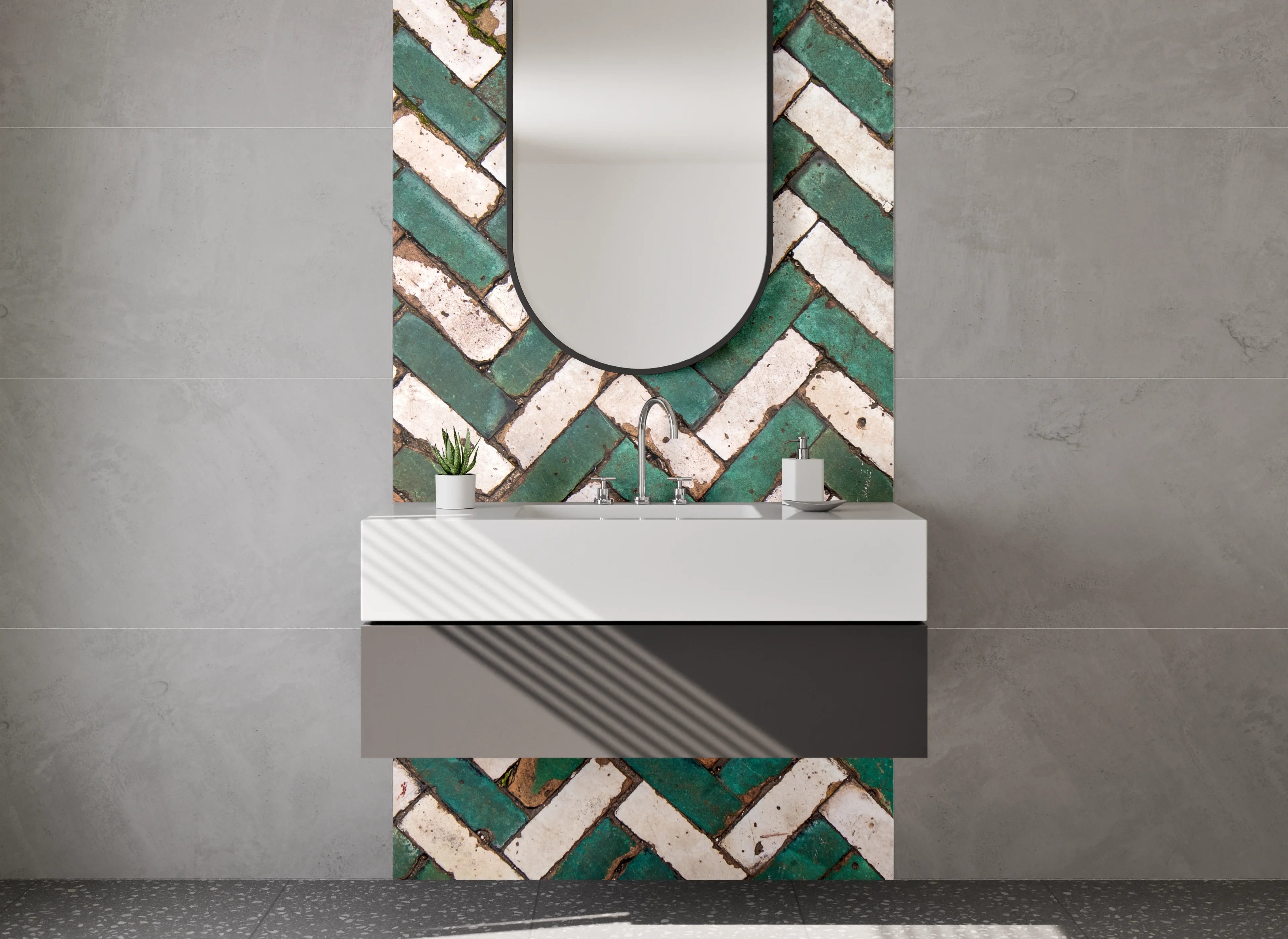 Waschbecken-Rückwand - Geometrisches Mosaik Grün-Weiß Fliesenmuster