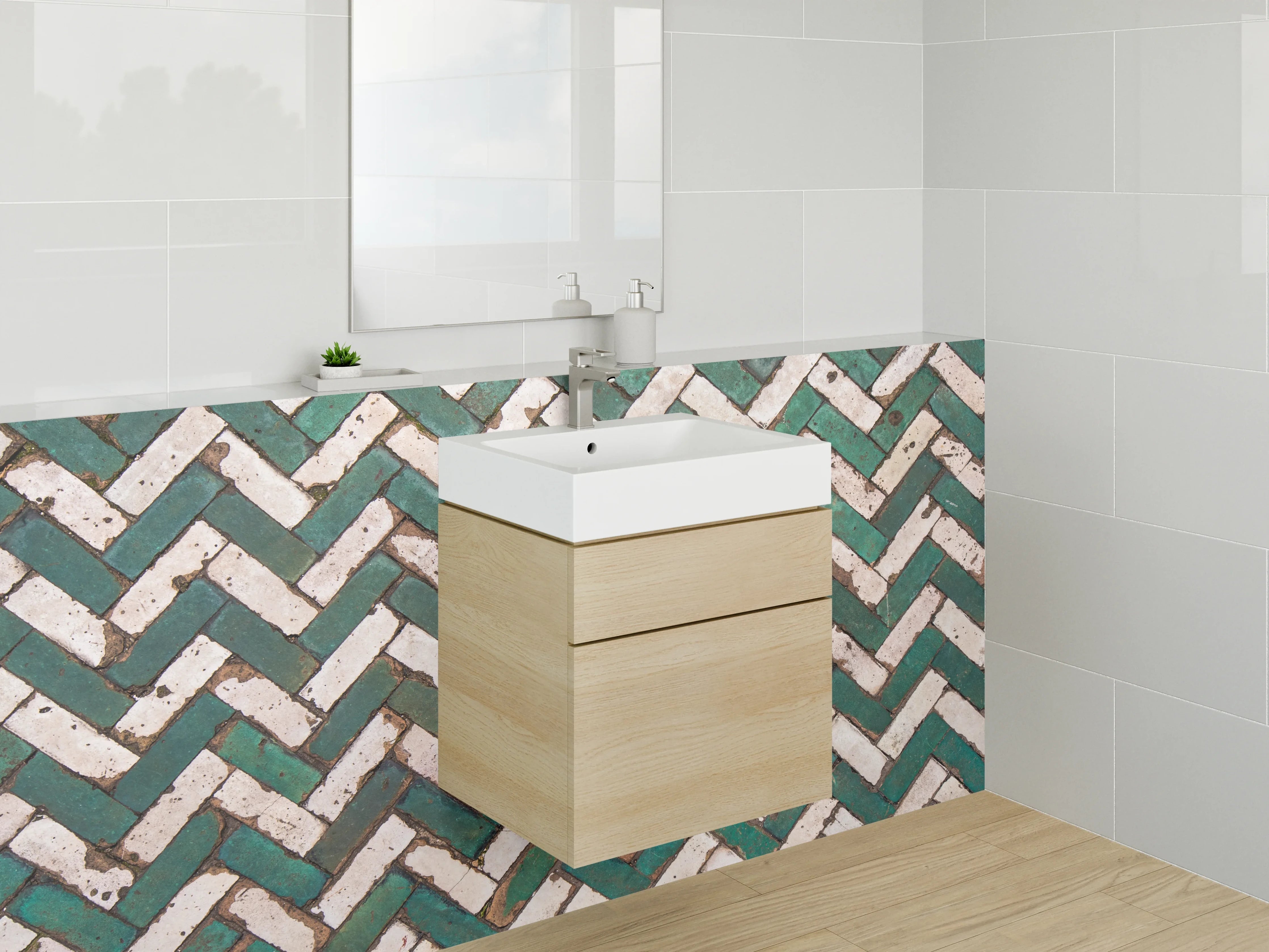 Waschbecken-Rückwand - Geometrisches Mosaik Grün-Weiß Fliesenmuster