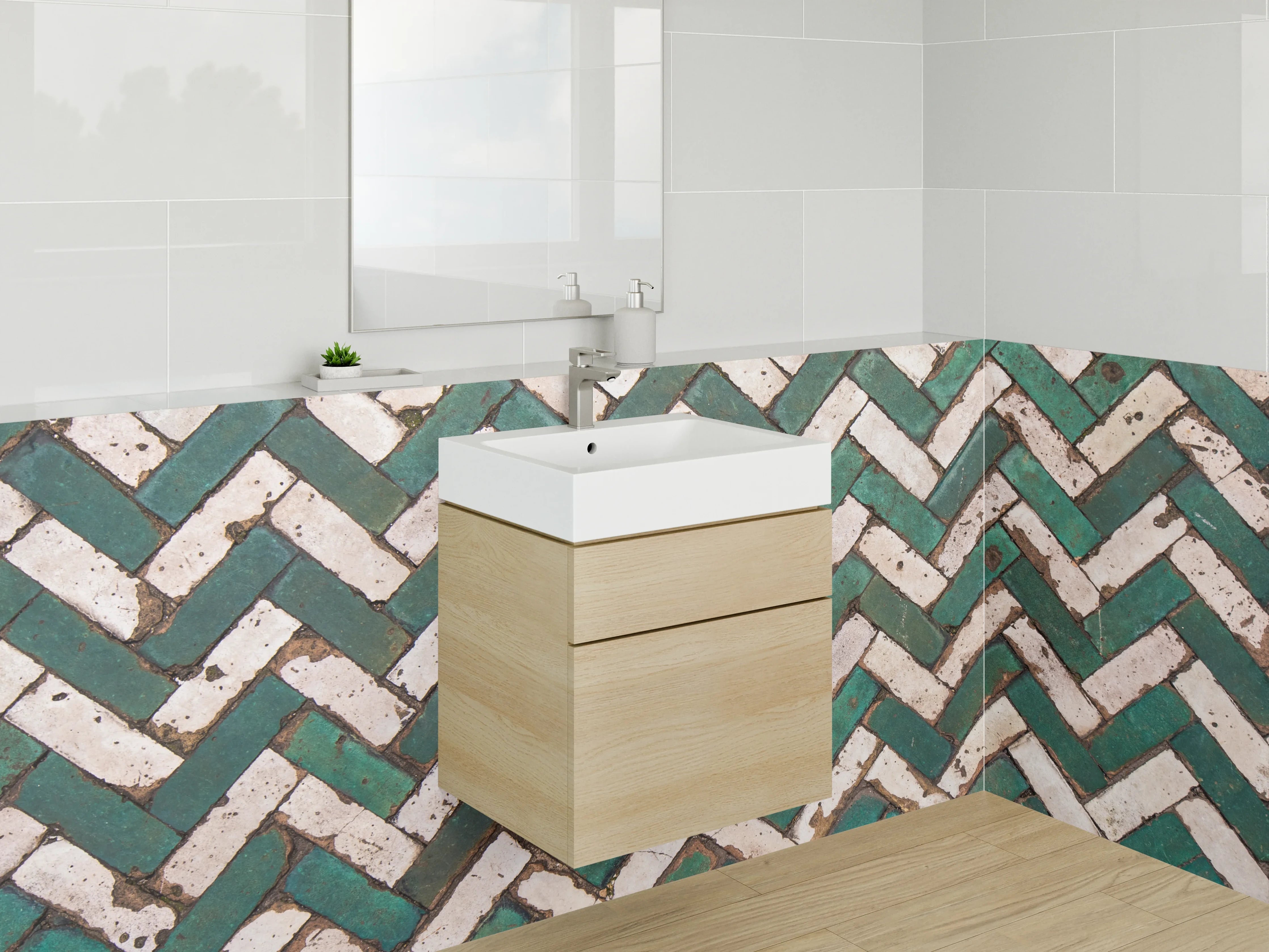 Waschbecken-Rückwand - Geometrisches Mosaik Grün-Weiß Fliesenmuster