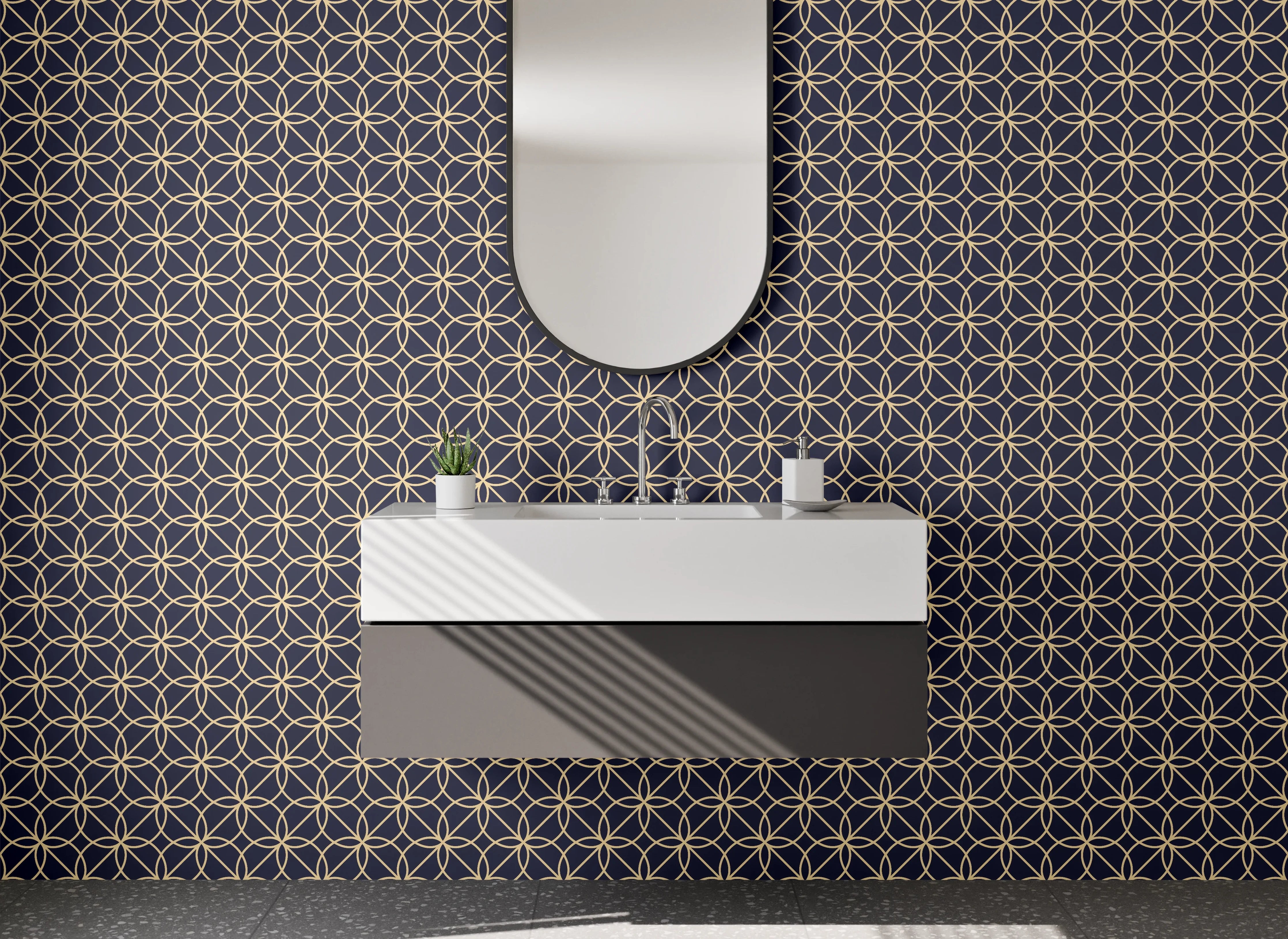 Waschbecken-Rückwand - Geometrisches Mosaik Muster Dunkelblau Gold