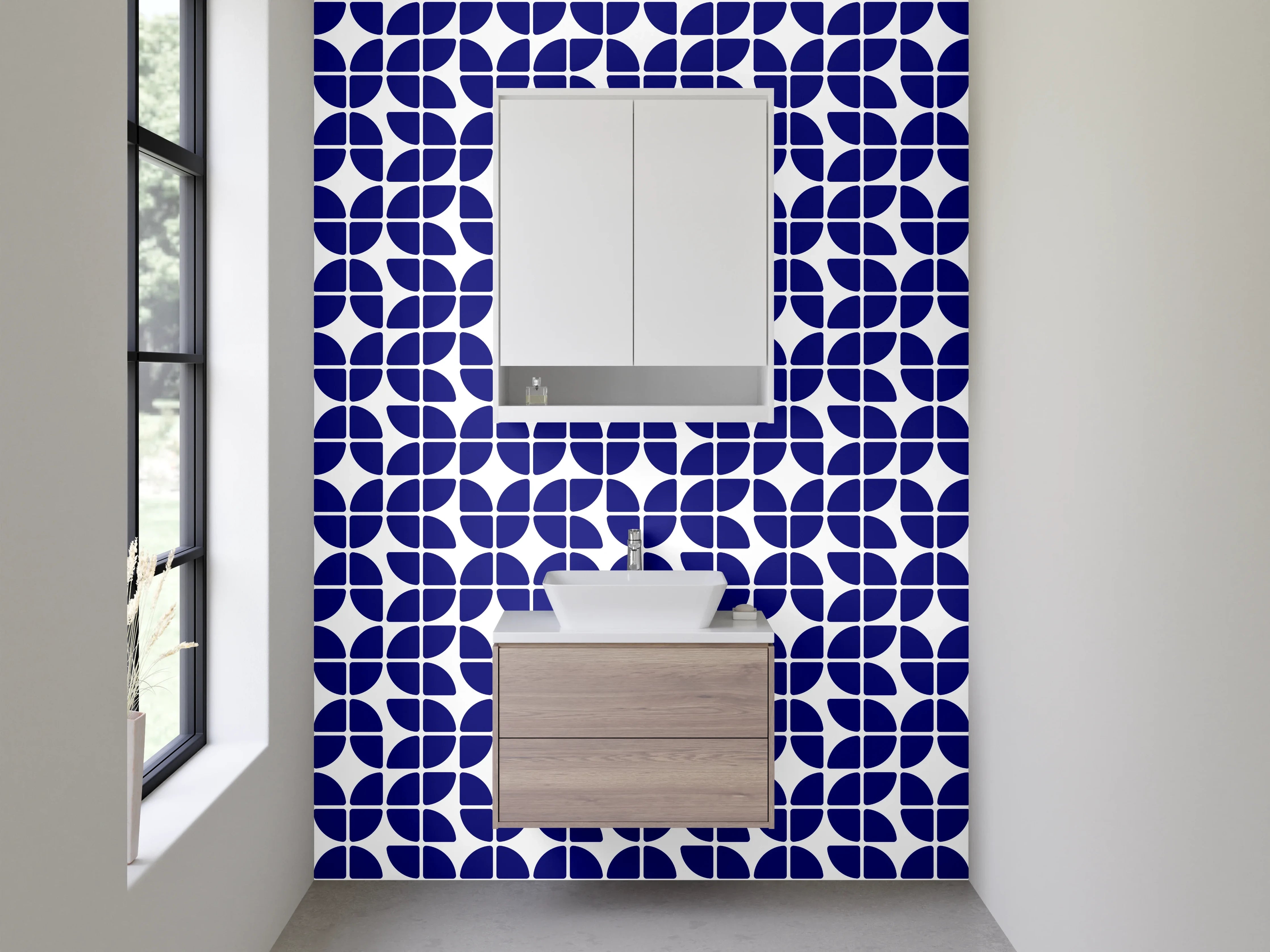 Waschbecken-Rückwand - Geometrisches Mosaikmuster Blau Weiß