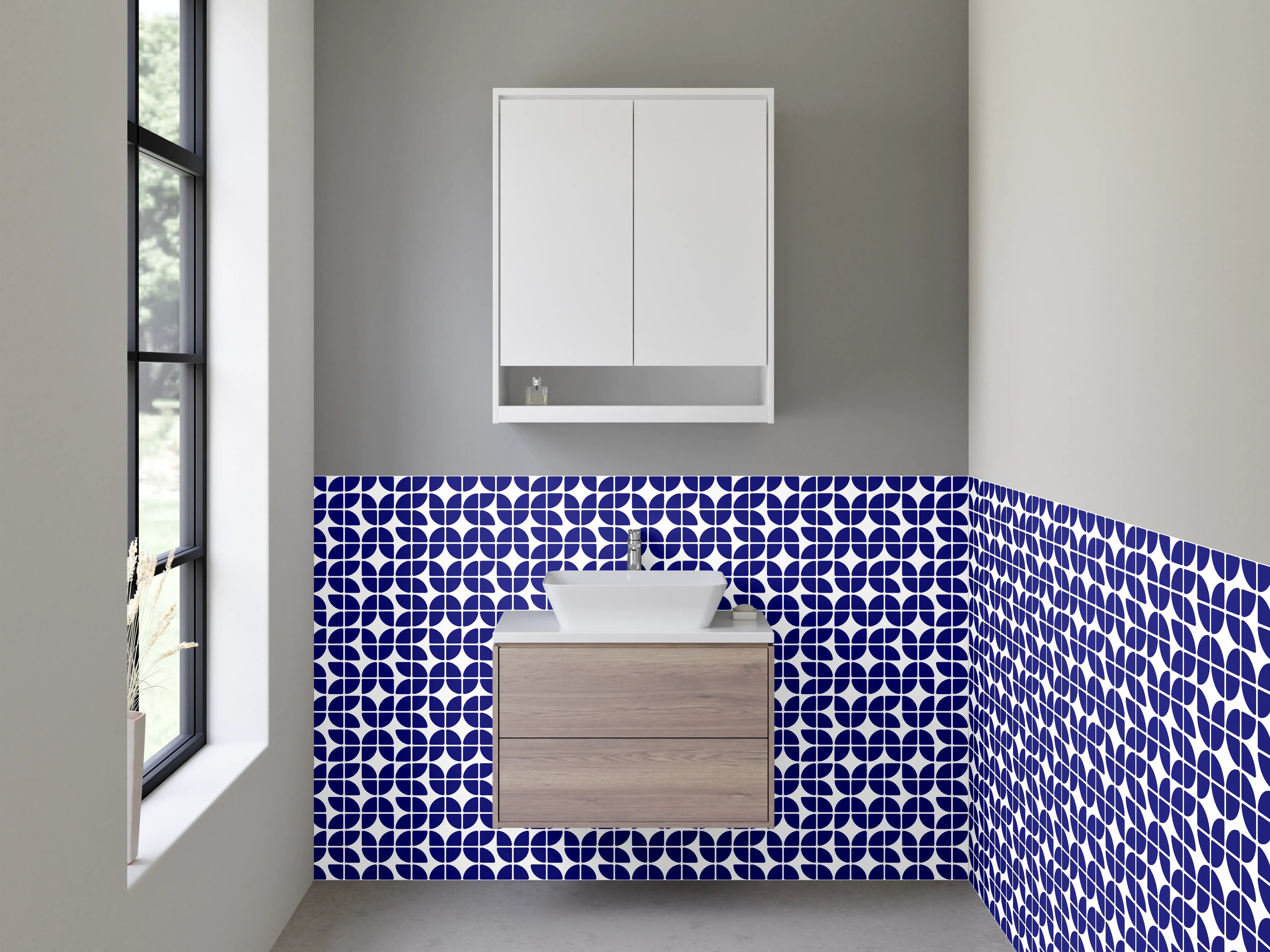 Waschbecken-Rückwand - Geometrisches Mosaikmuster Blau Weiß