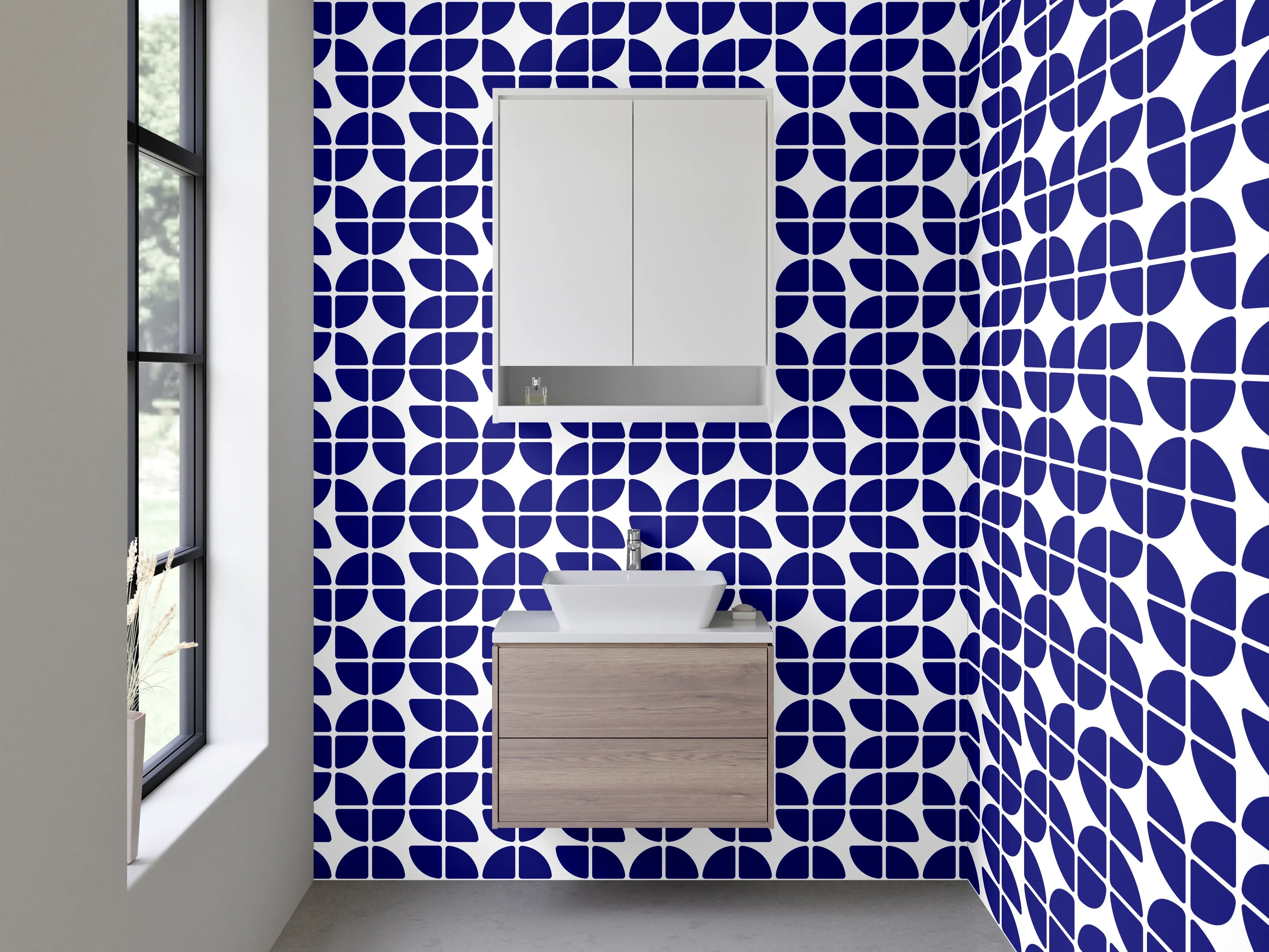 Waschbecken-Rückwand - Geometrisches Mosaikmuster Blau Weiß
