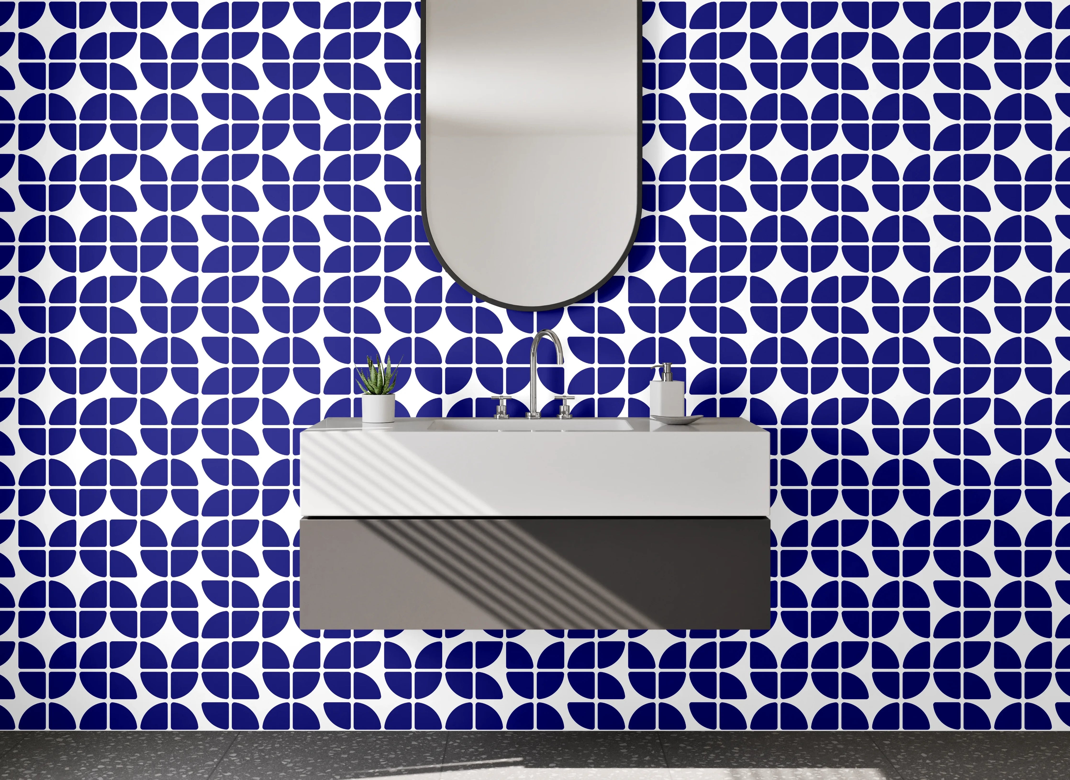 Waschbecken-Rückwand - Geometrisches Mosaikmuster Blau Weiß