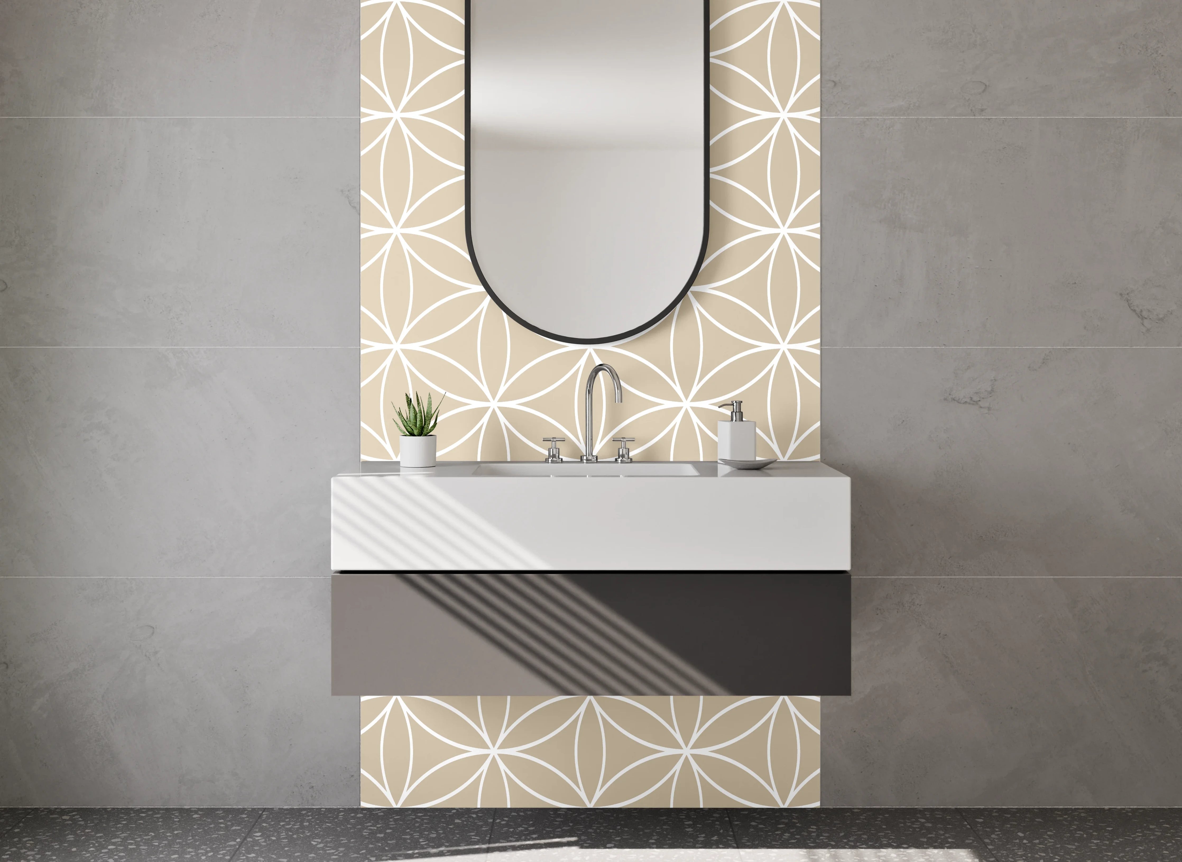 Waschbecken-Rückwand - Geometrisches Muster Beige Weiß