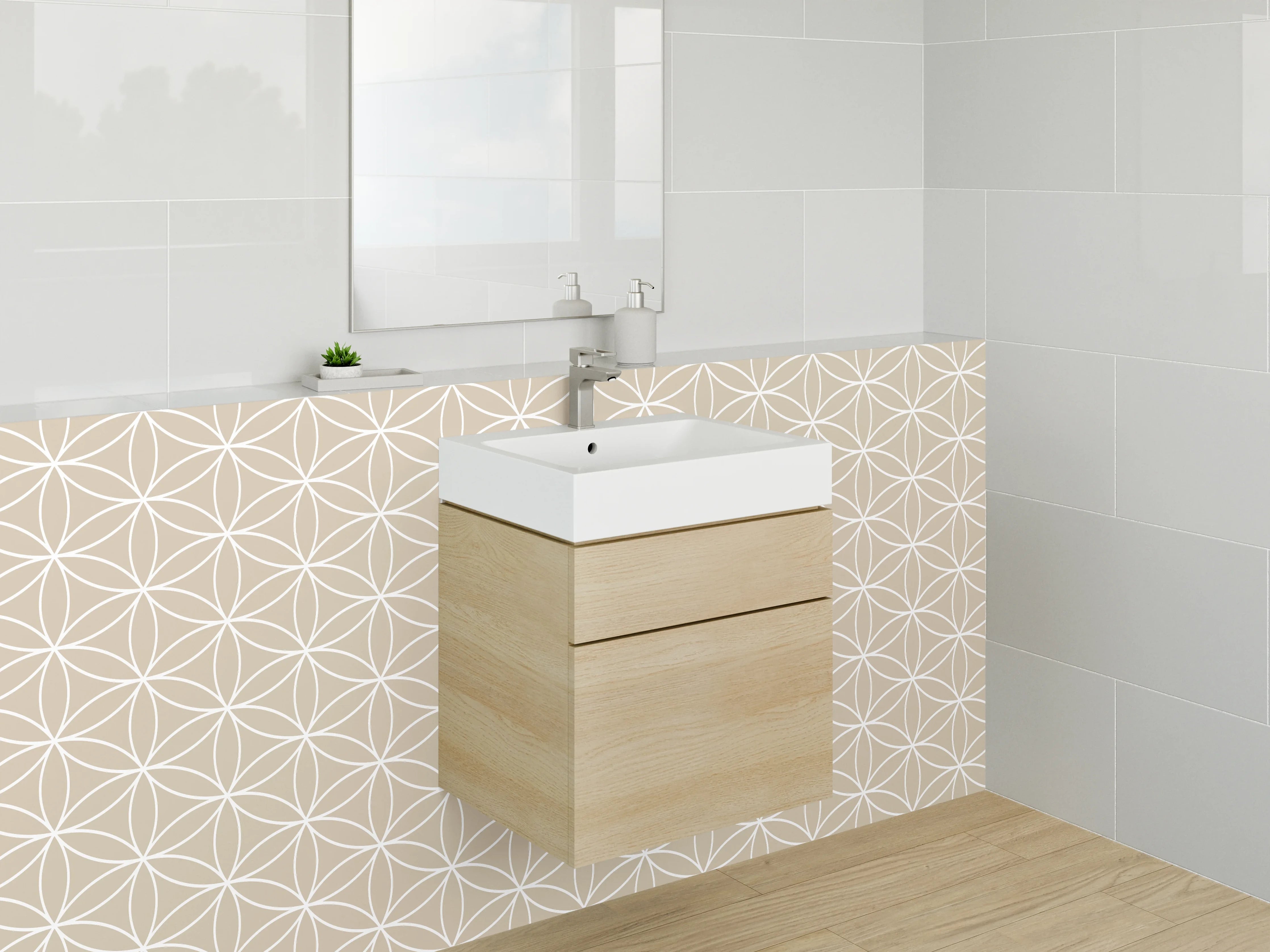 Waschbecken-Rückwand - Geometrisches Muster Beige Weiß