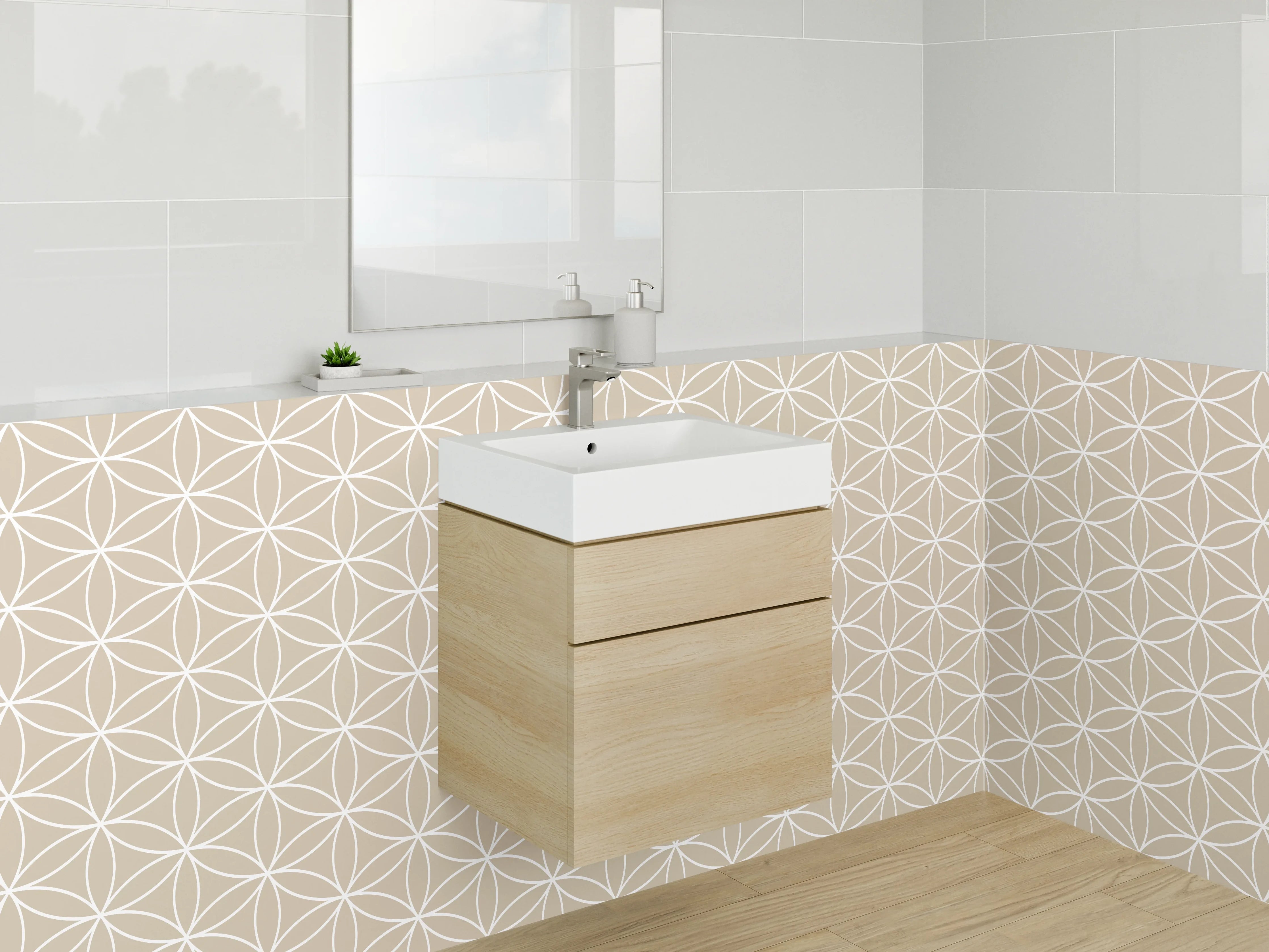 Waschbecken-Rückwand - Geometrisches Muster Beige Weiß