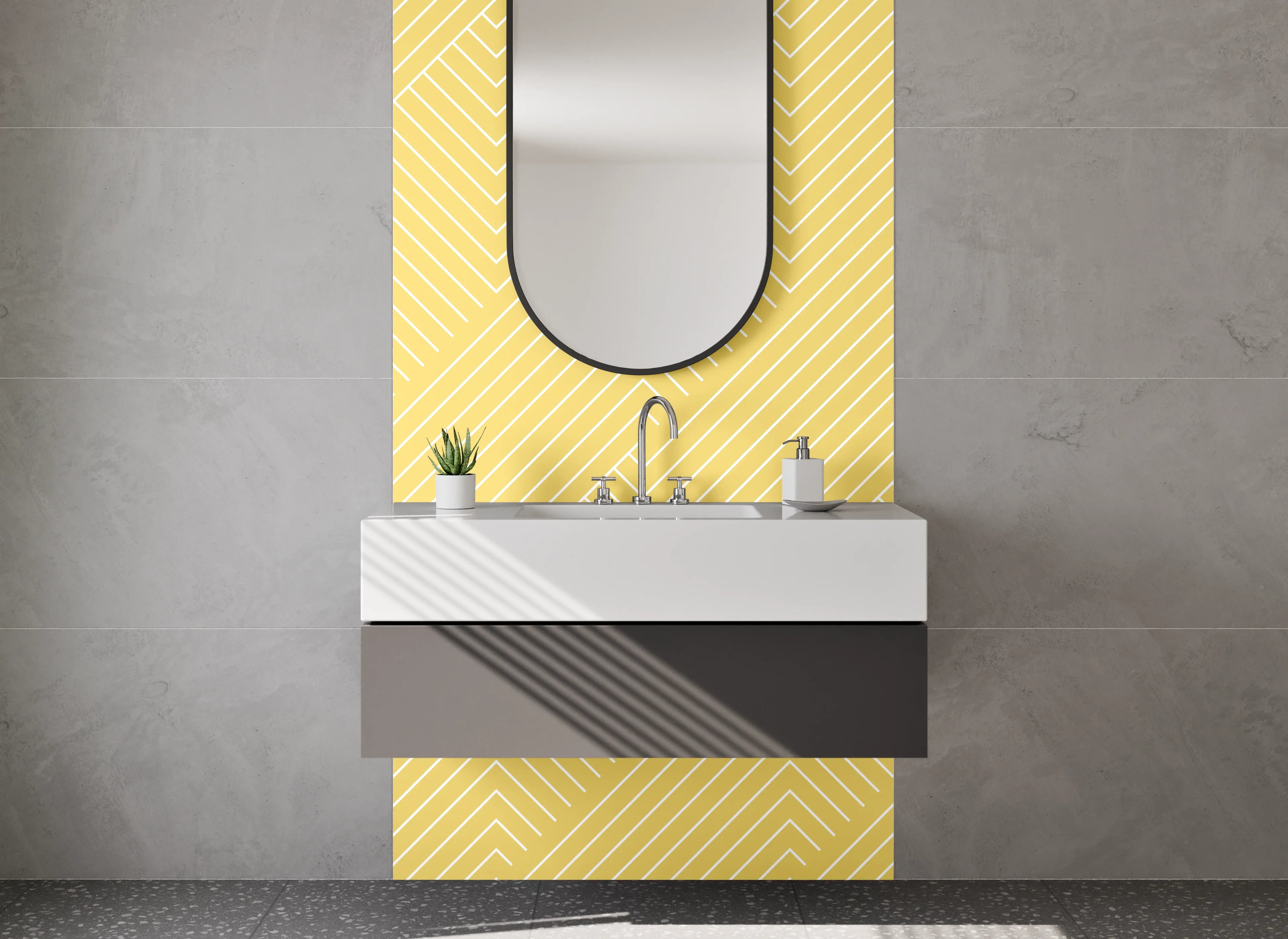 Waschbecken-Rückwand - Geometrisches Muster Gelb Weiß Modern