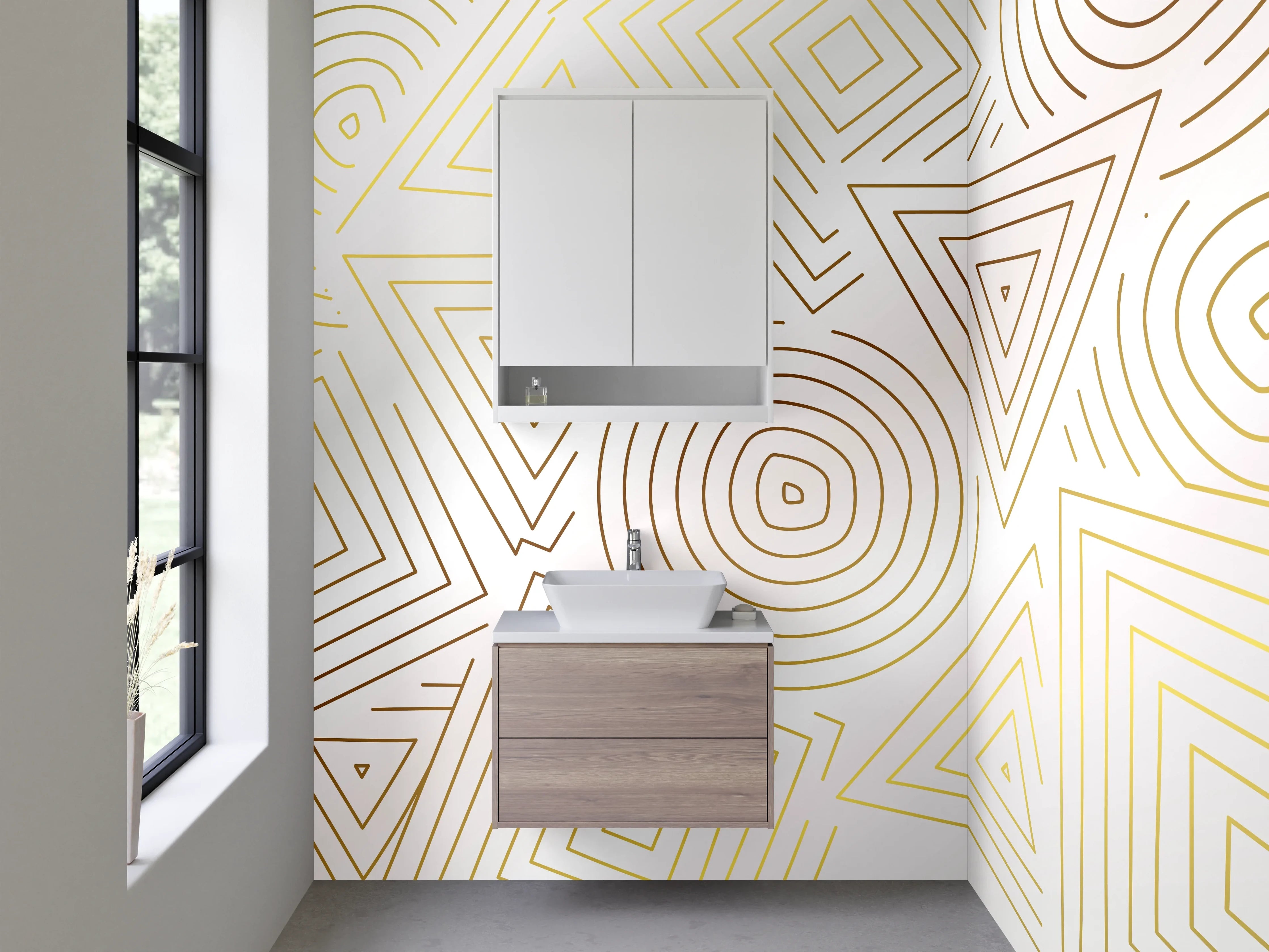 Waschbecken-Rückwand - Geometrisches Muster Gold Linien Weiß