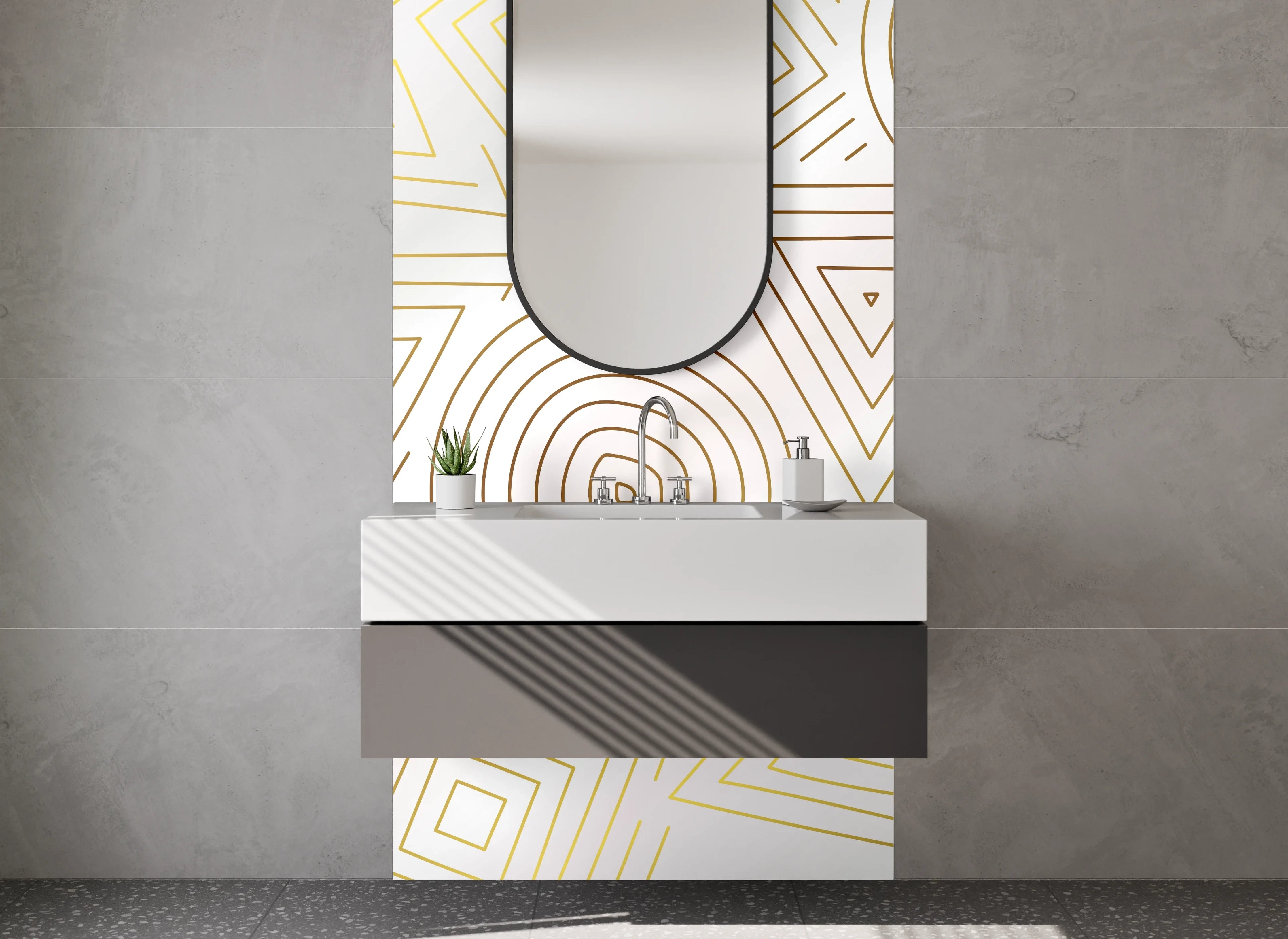 Waschbecken-Rückwand - Geometrisches Muster Gold Linien Weiß
