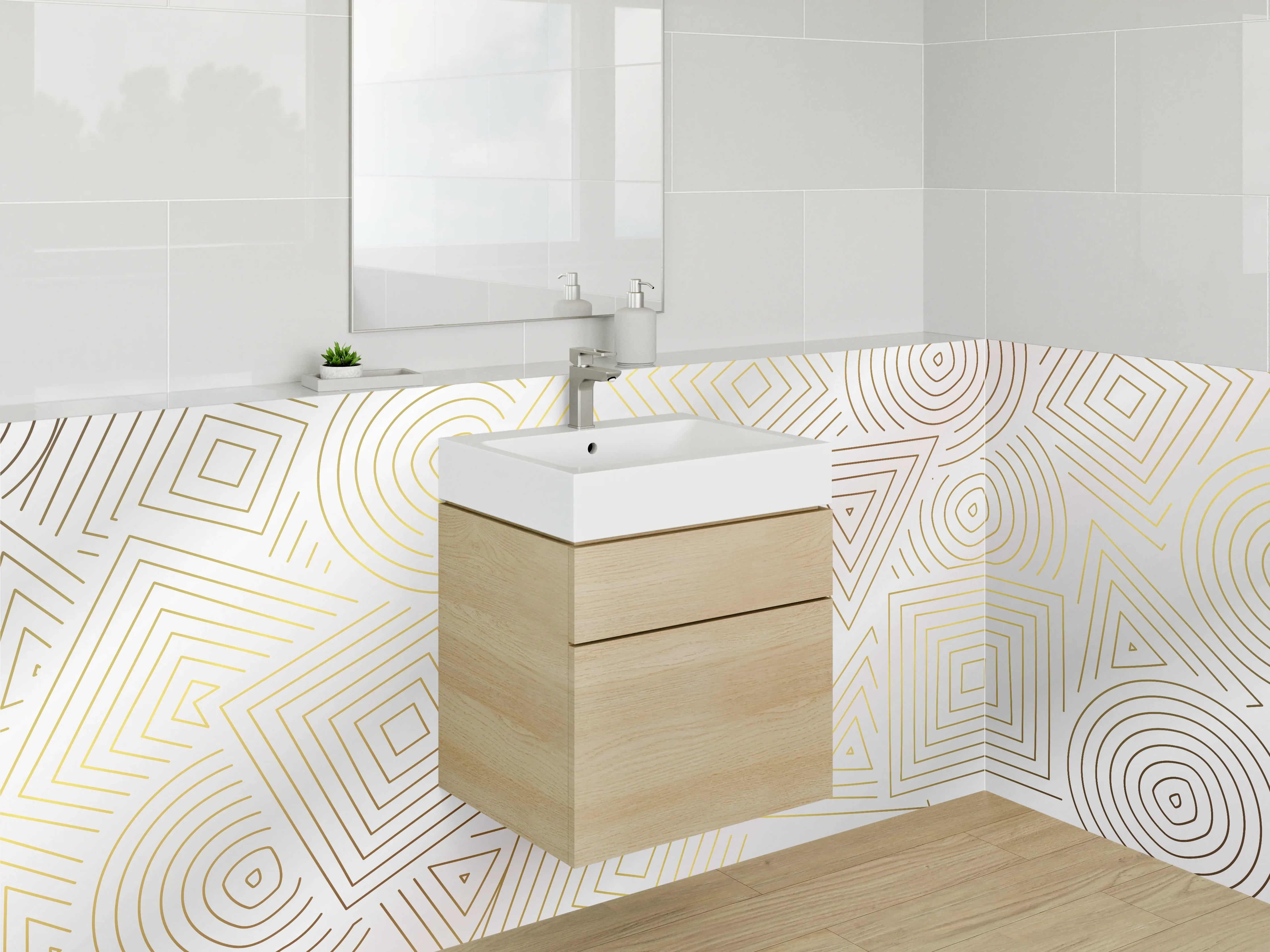 Waschbecken-Rückwand - Geometrisches Muster Gold Linien Weiß