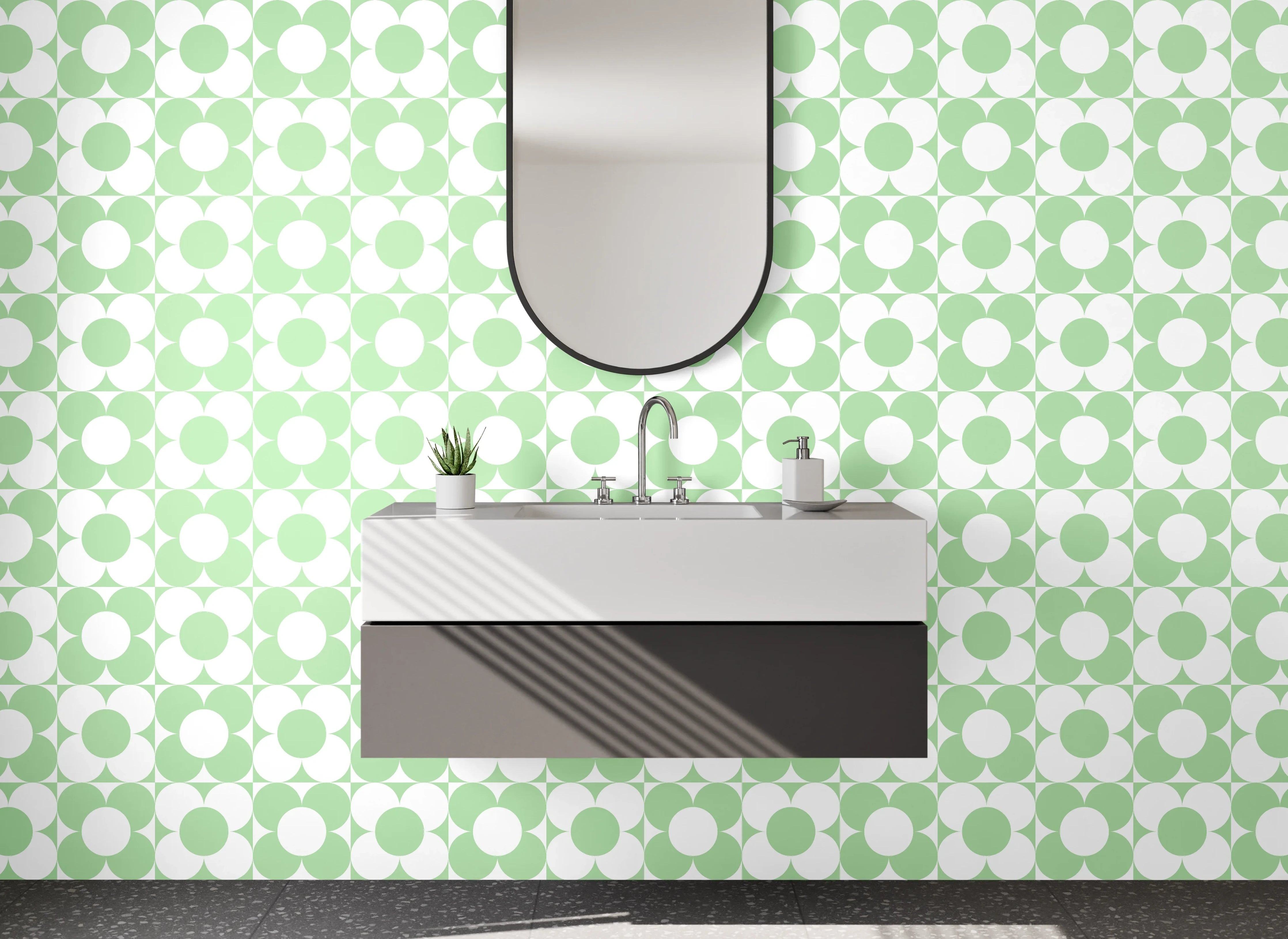 Waschbecken-Rückwand - Geometrisches Muster Grün Weiß