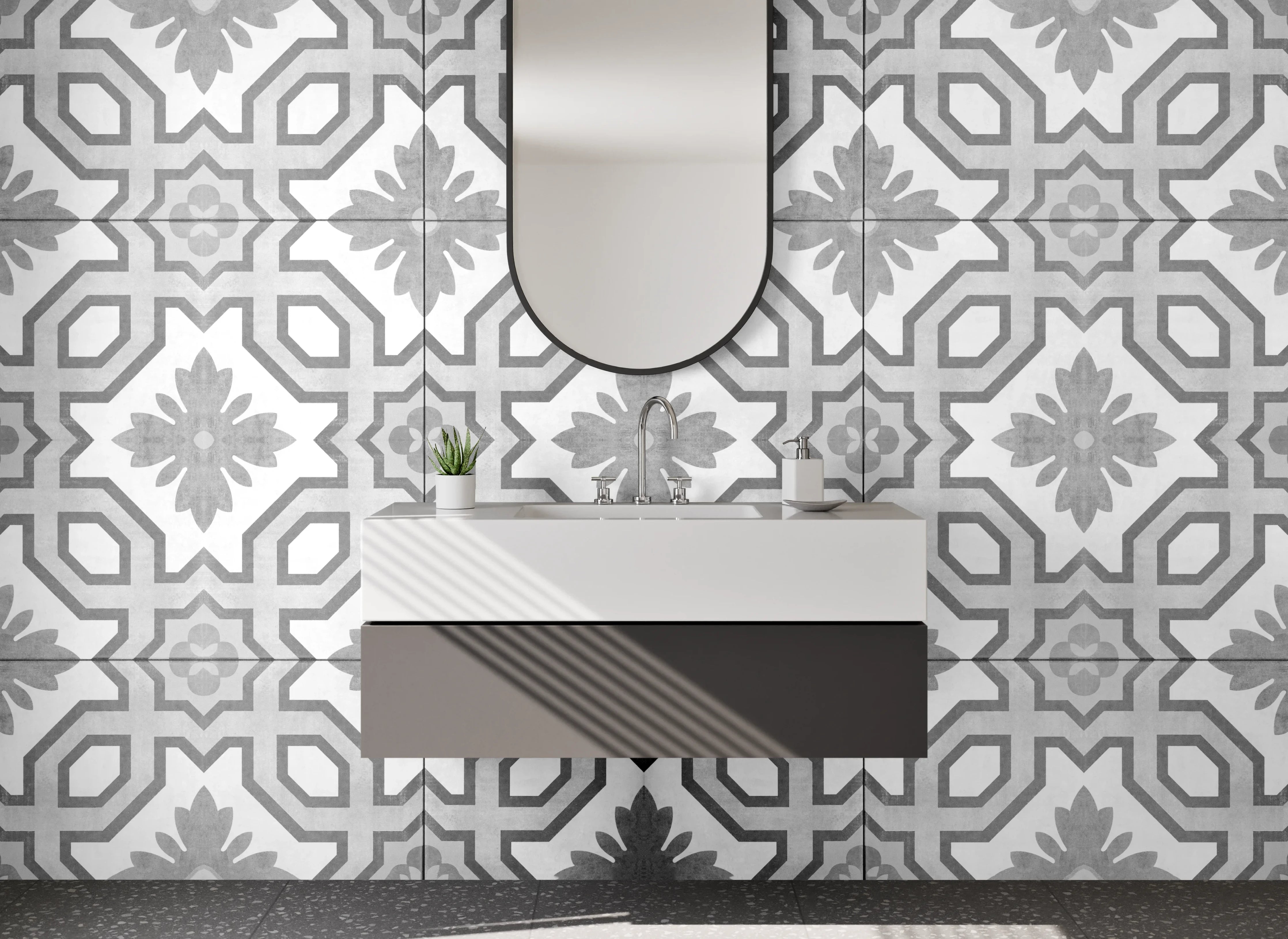 Waschbecken-Rückwand - Geometrisches Muster Schwarz-Weiß Fliese