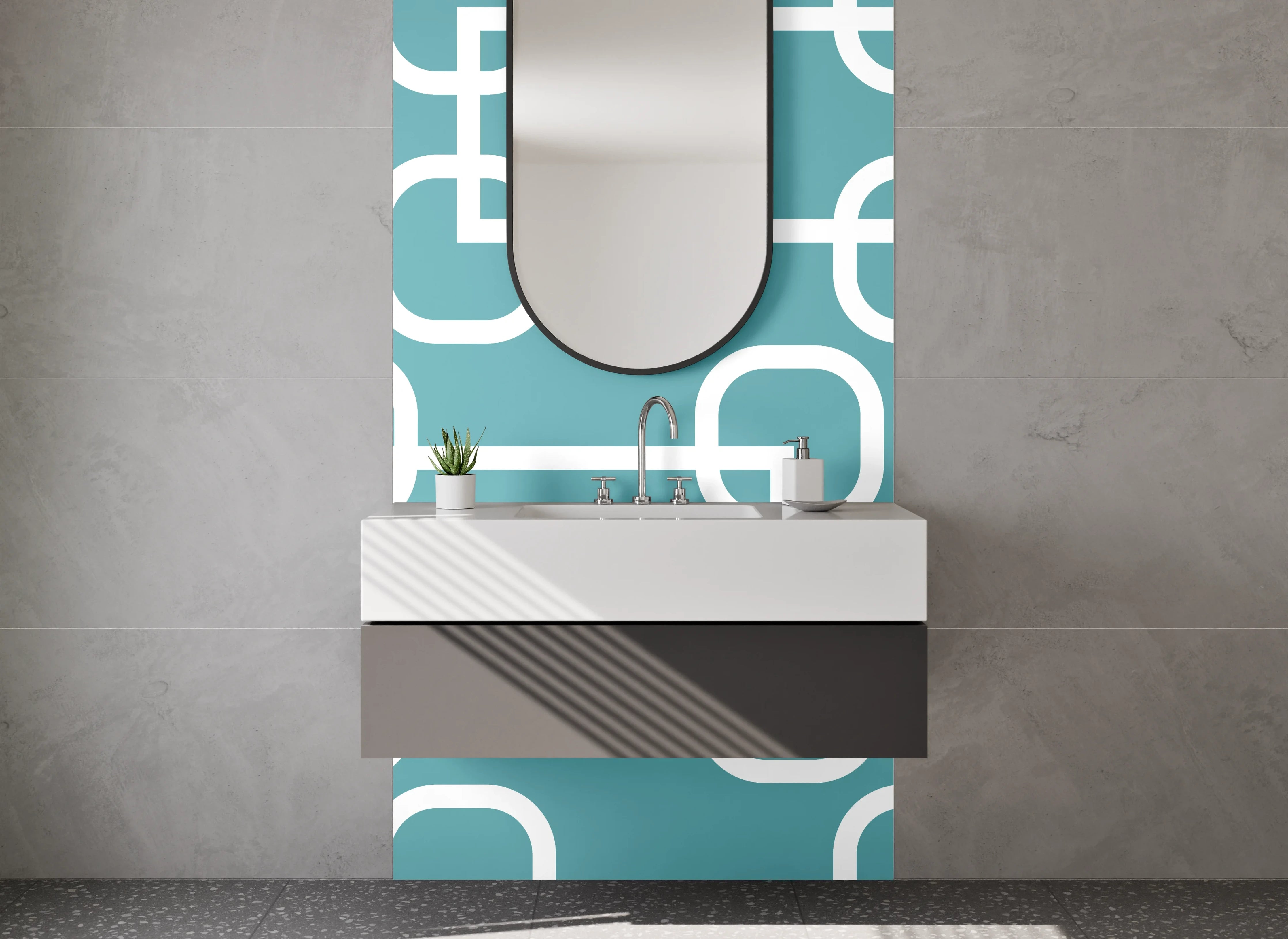 Waschbecken-Rückwand - Geometrisches Muster Türkis Weiß Modern