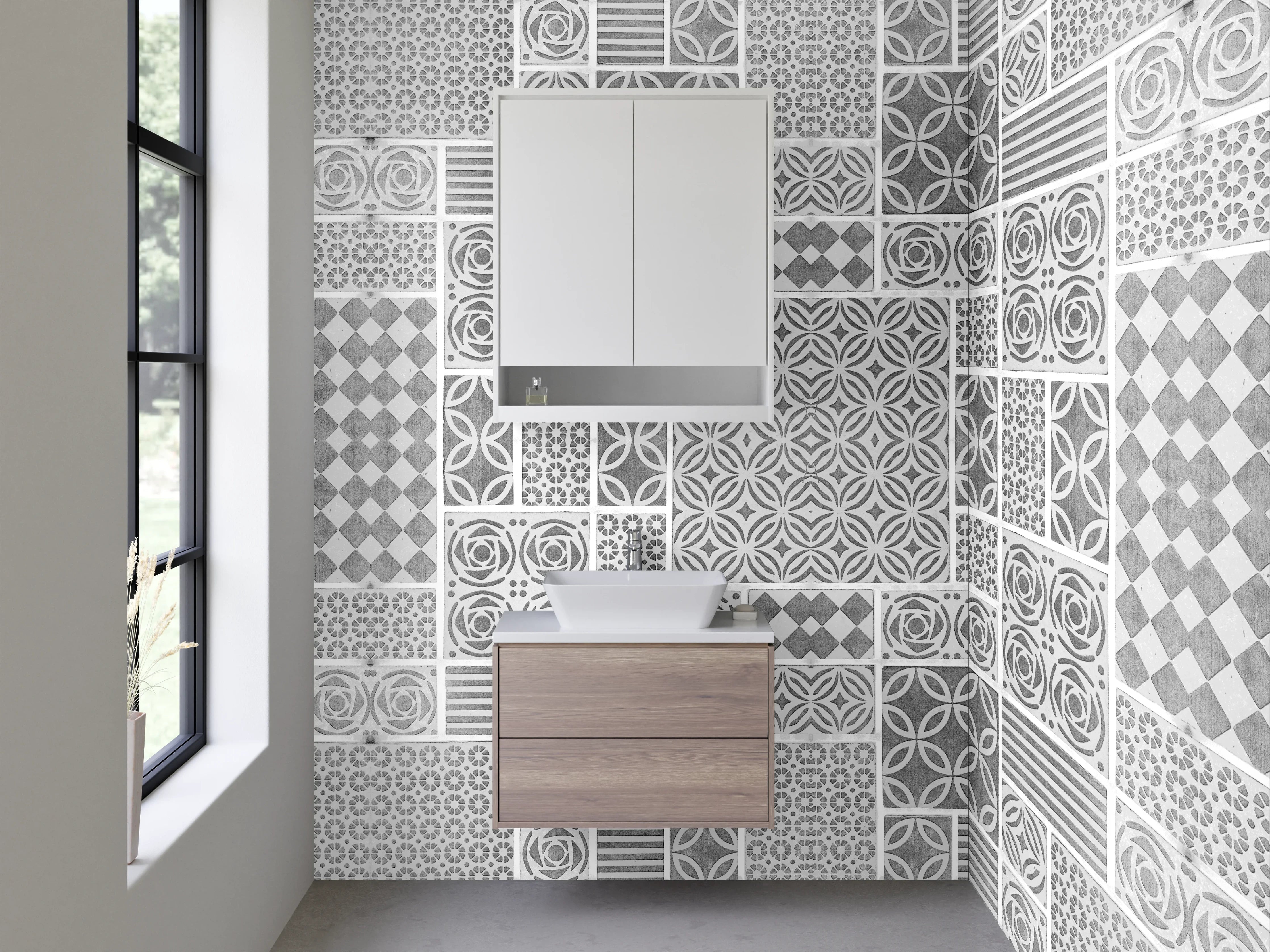 Waschbecken-Rückwand - Geometrisches Muster Weiß Grau Modern