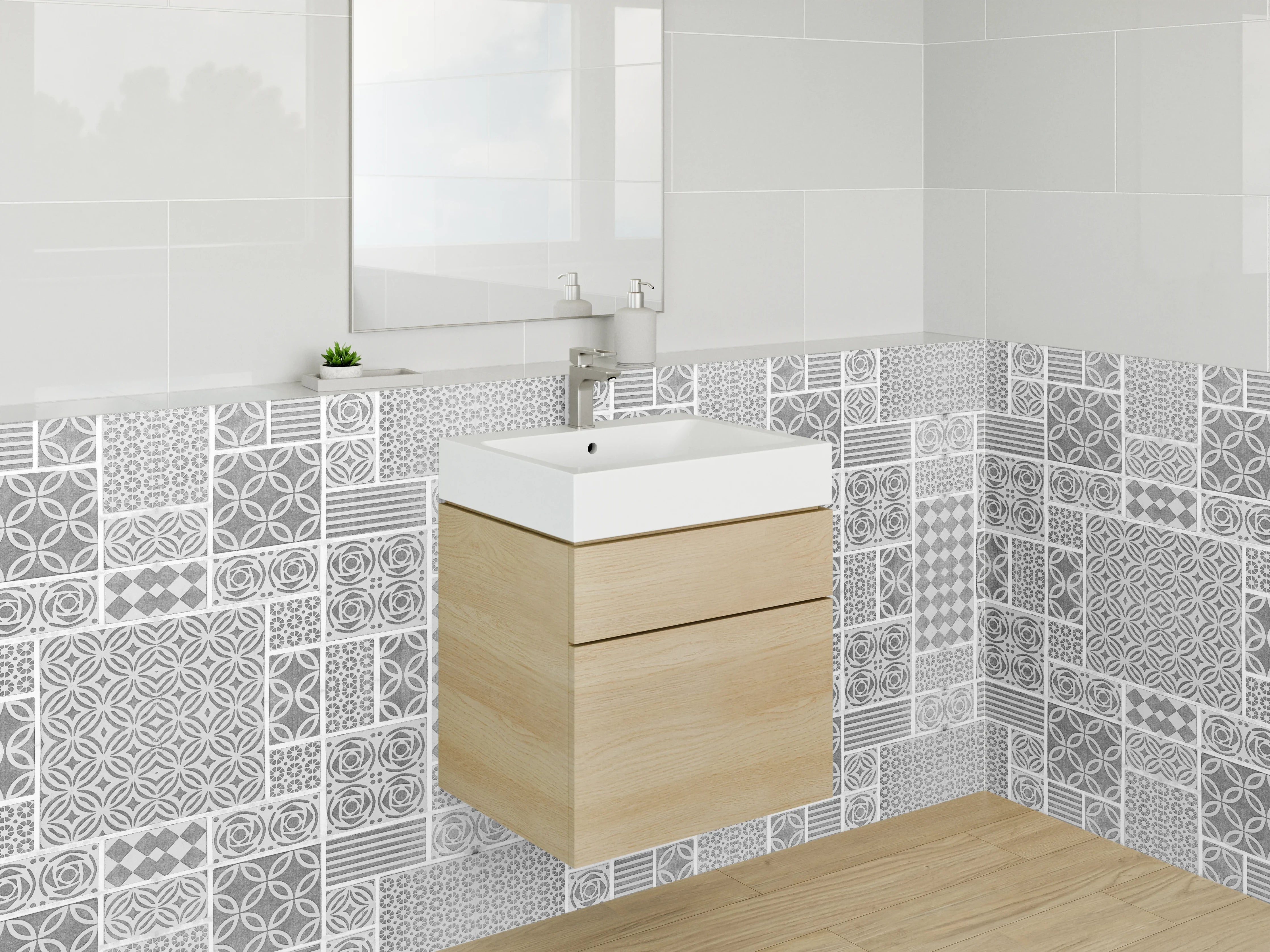 Waschbecken-Rückwand - Geometrisches Muster Weiß Grau Modern