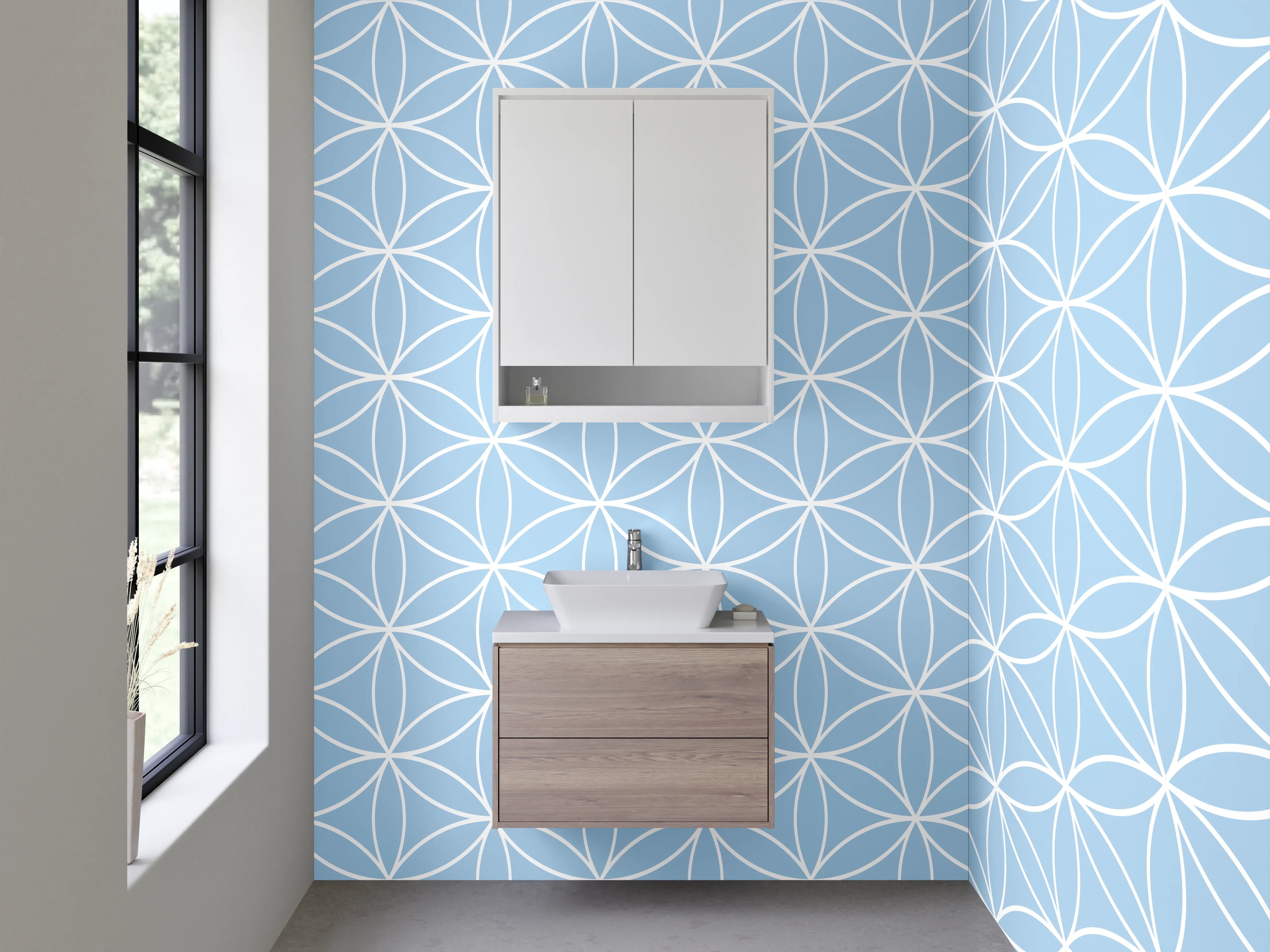 Waschbecken-Rückwand - Geometrisches Muster hellblau weiß