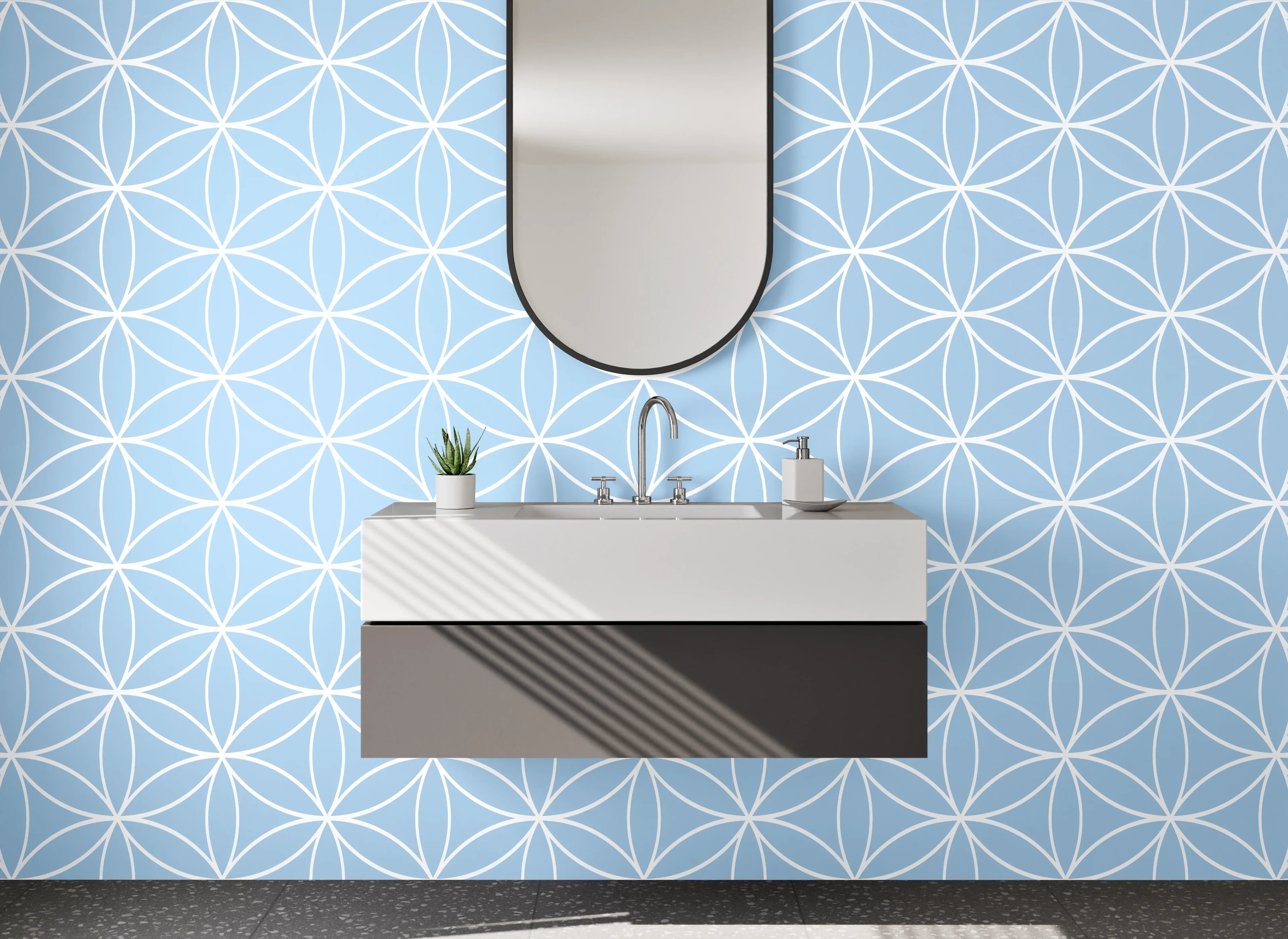 Waschbecken-Rückwand - Geometrisches Muster hellblau weiß