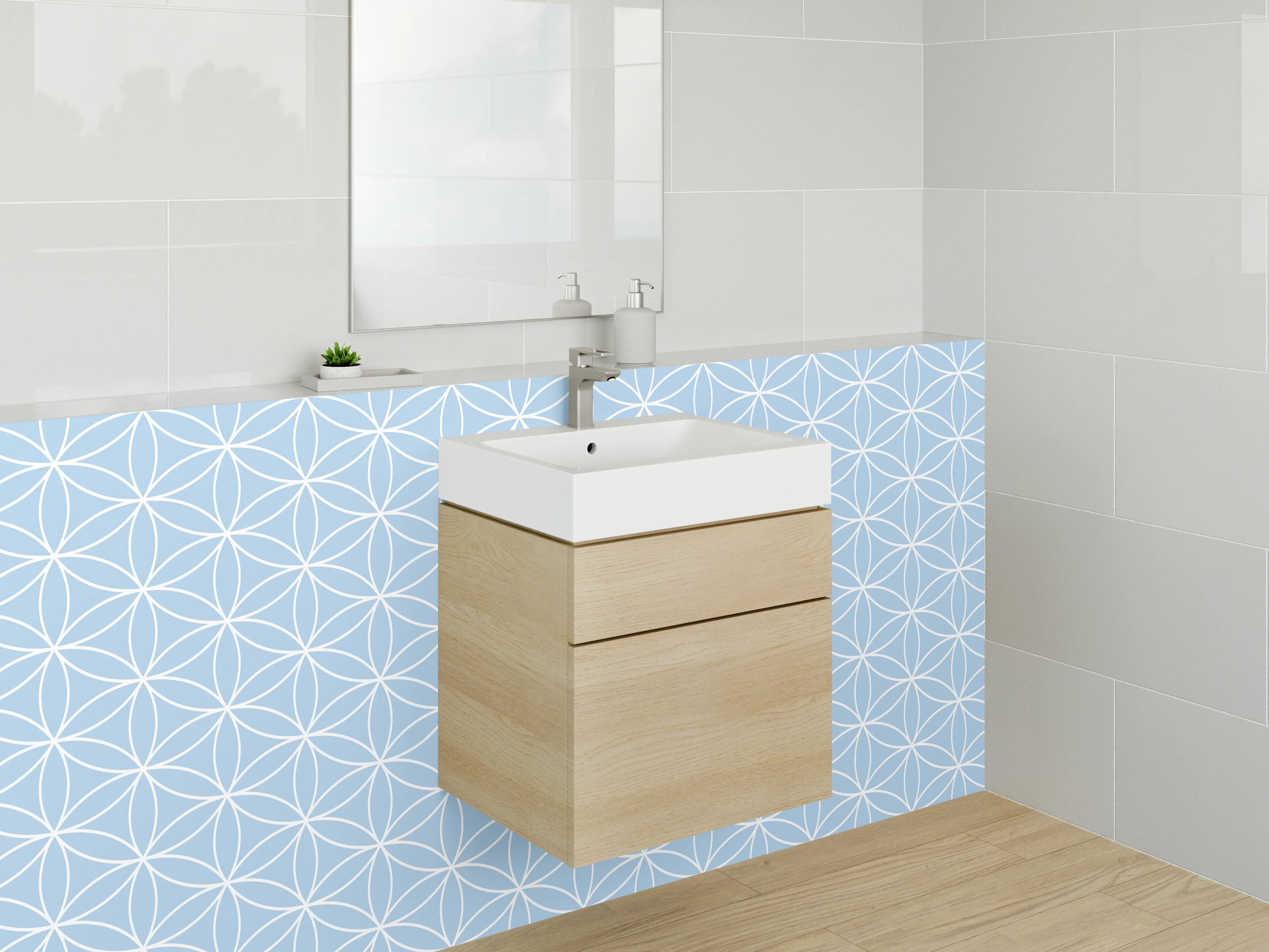 Waschbecken-Rückwand - Geometrisches Muster hellblau weiß