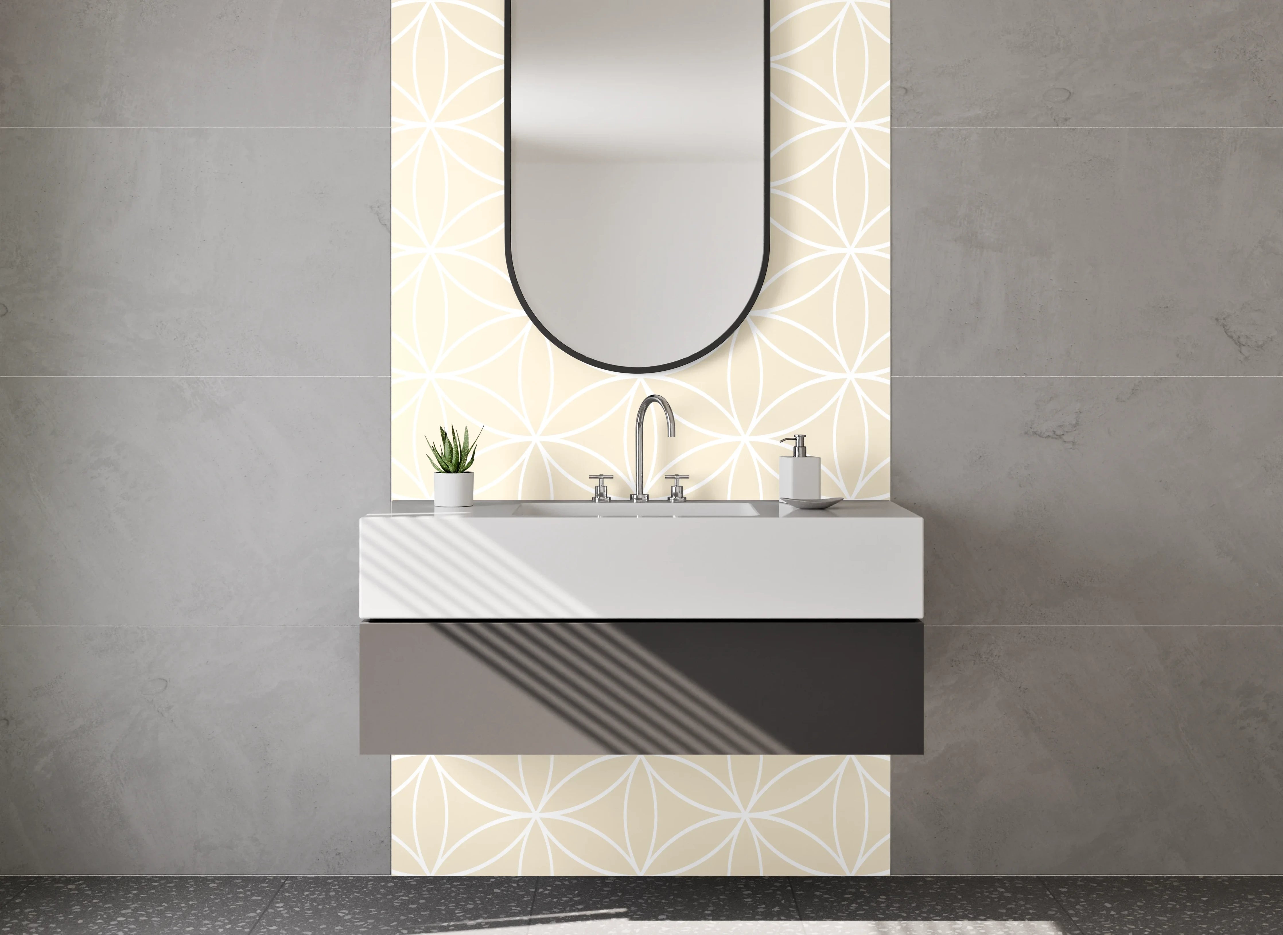 Waschbecken-Rückwand - Geometrisches Muster in Beige-Weiß
