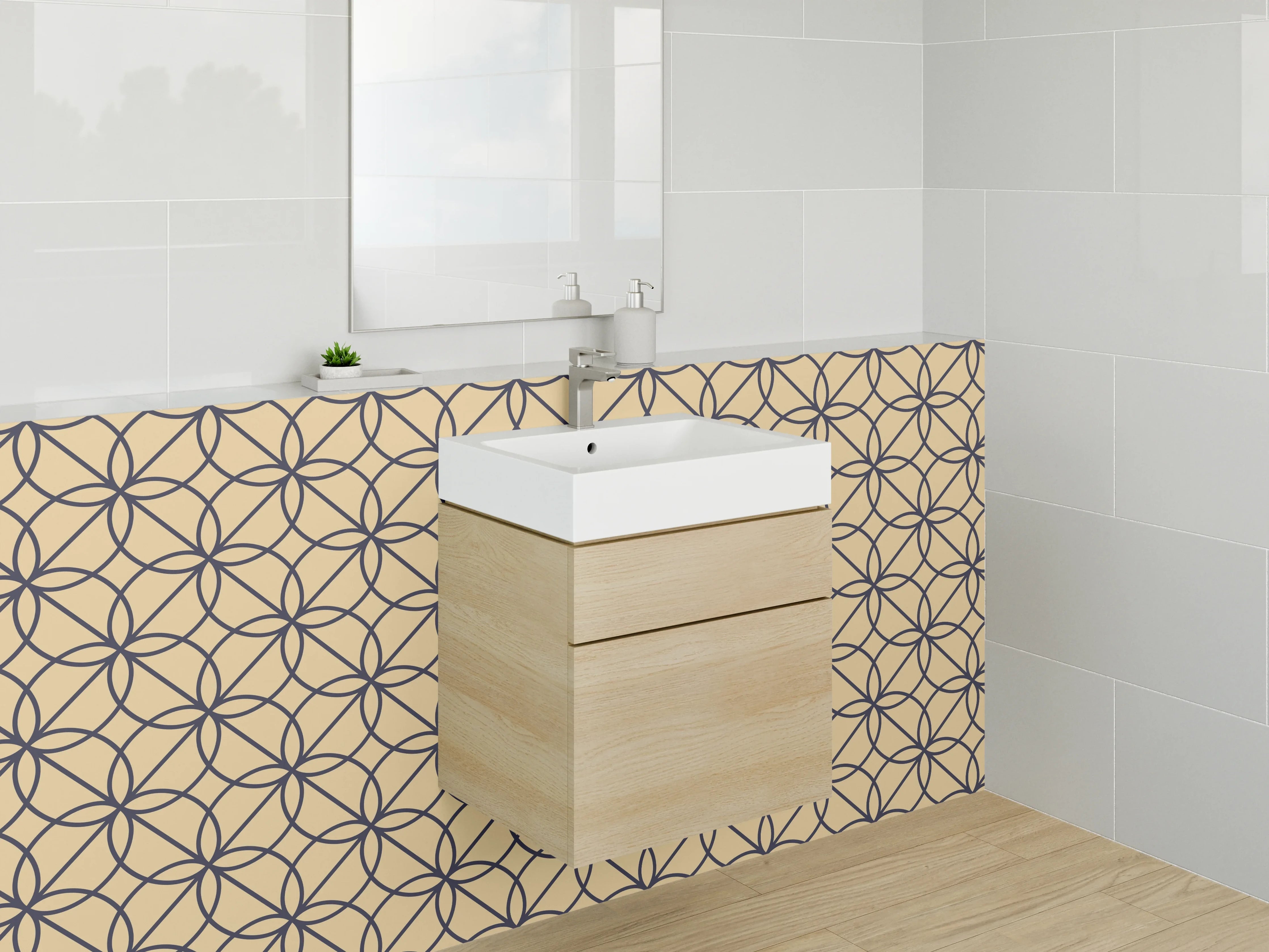 Waschbecken-Rückwand - Geometrisches Muster in Beige und Schwarz