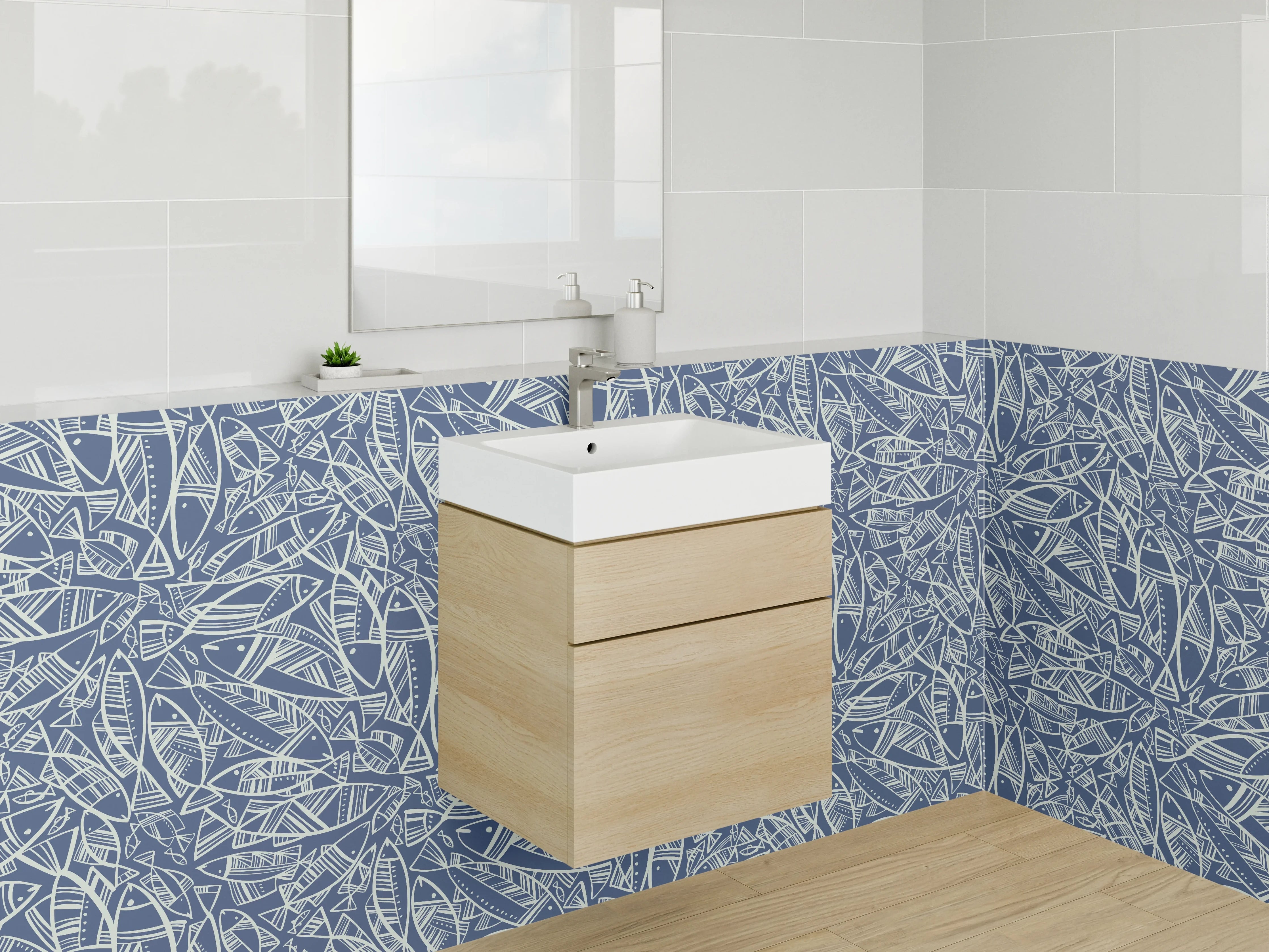 Waschbecken-Rückwand - Geometrisches Muster in Blau und Weiß