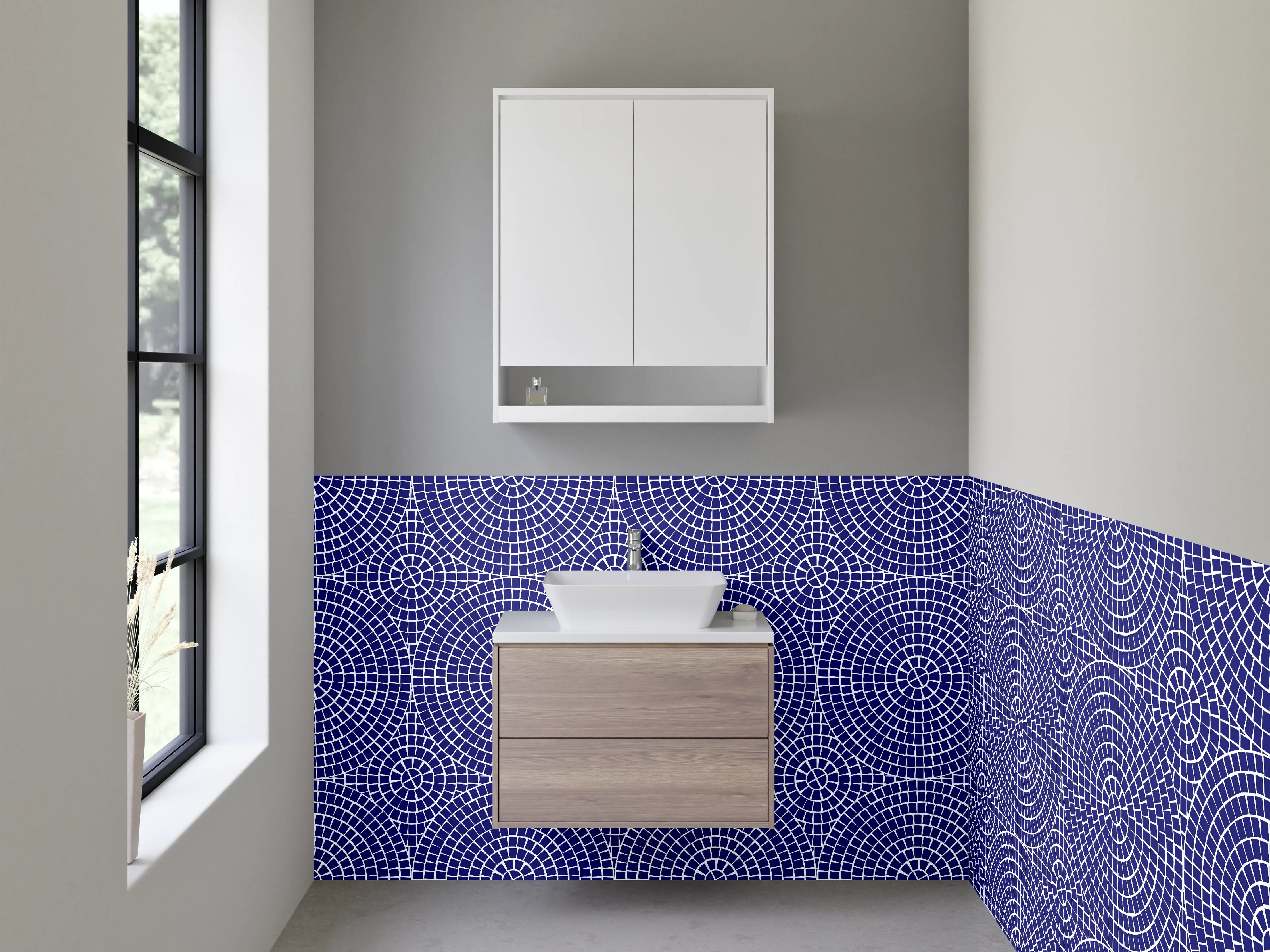 Waschbecken-Rückwand - Geometrisches Retro-Mosaik Blau Weiß