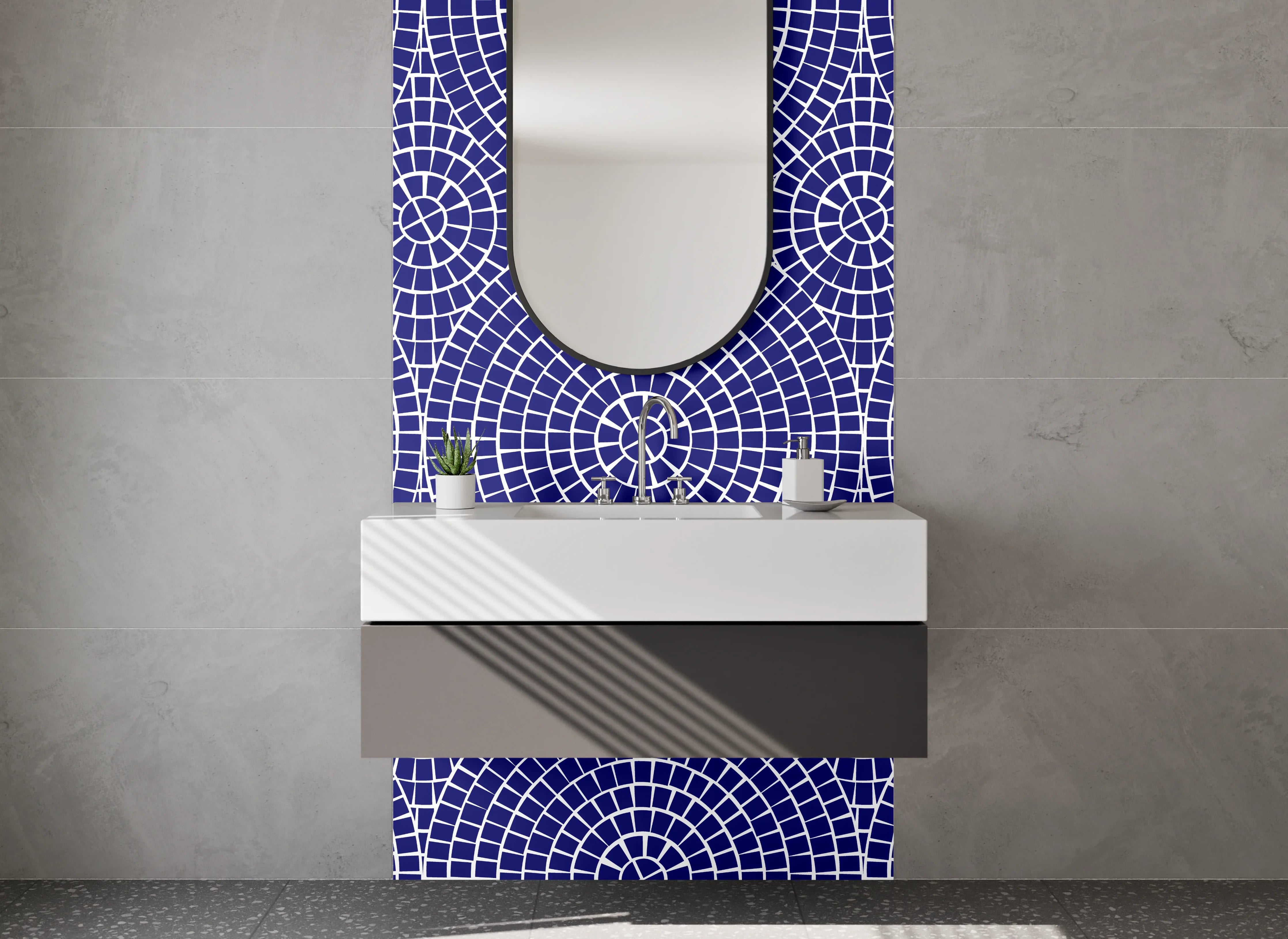 Waschbecken-Rückwand - Geometrisches Retro-Mosaik Blau Weiß