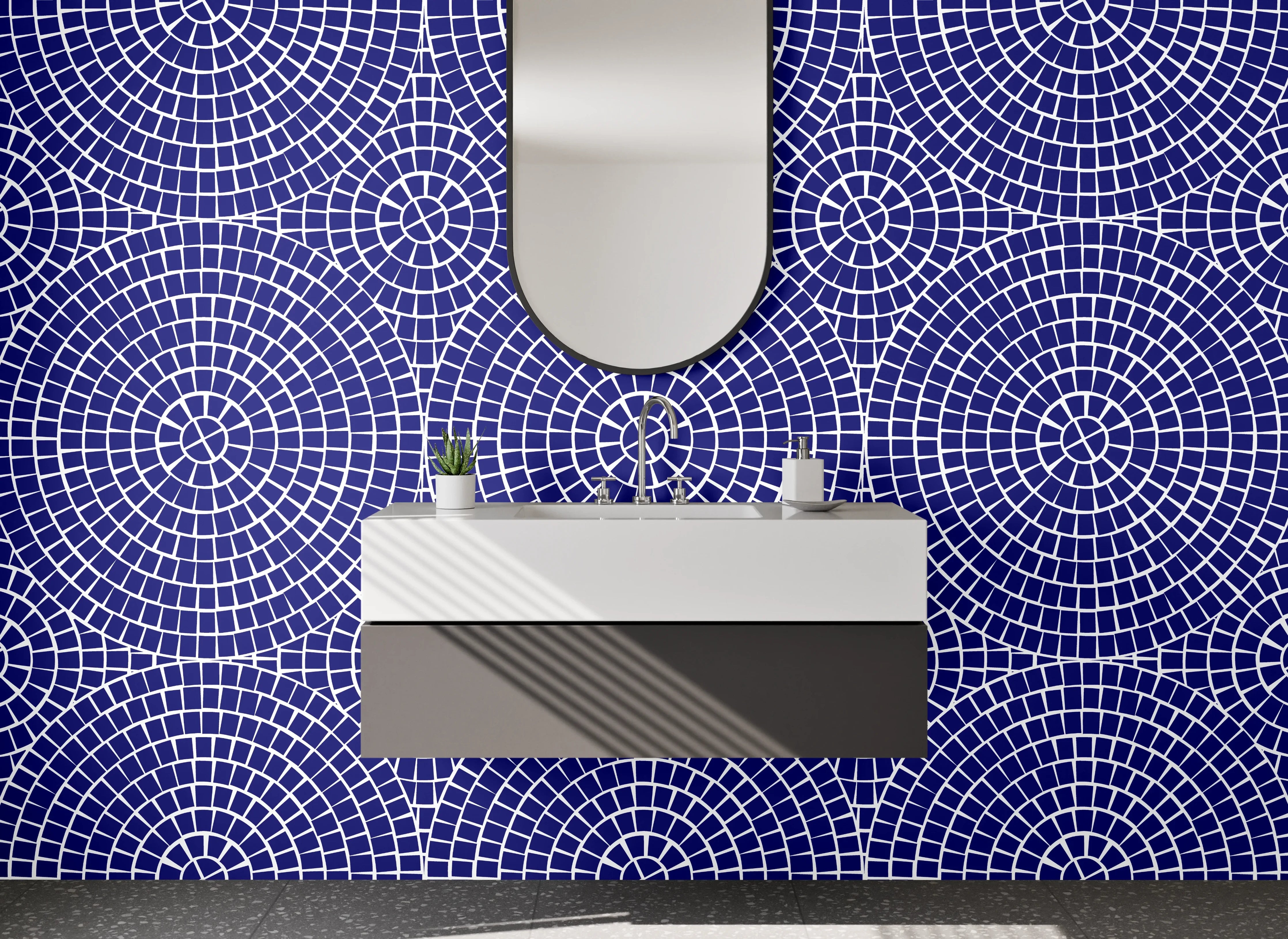 Waschbecken-Rückwand - Geometrisches Retro-Mosaik Blau Weiß
