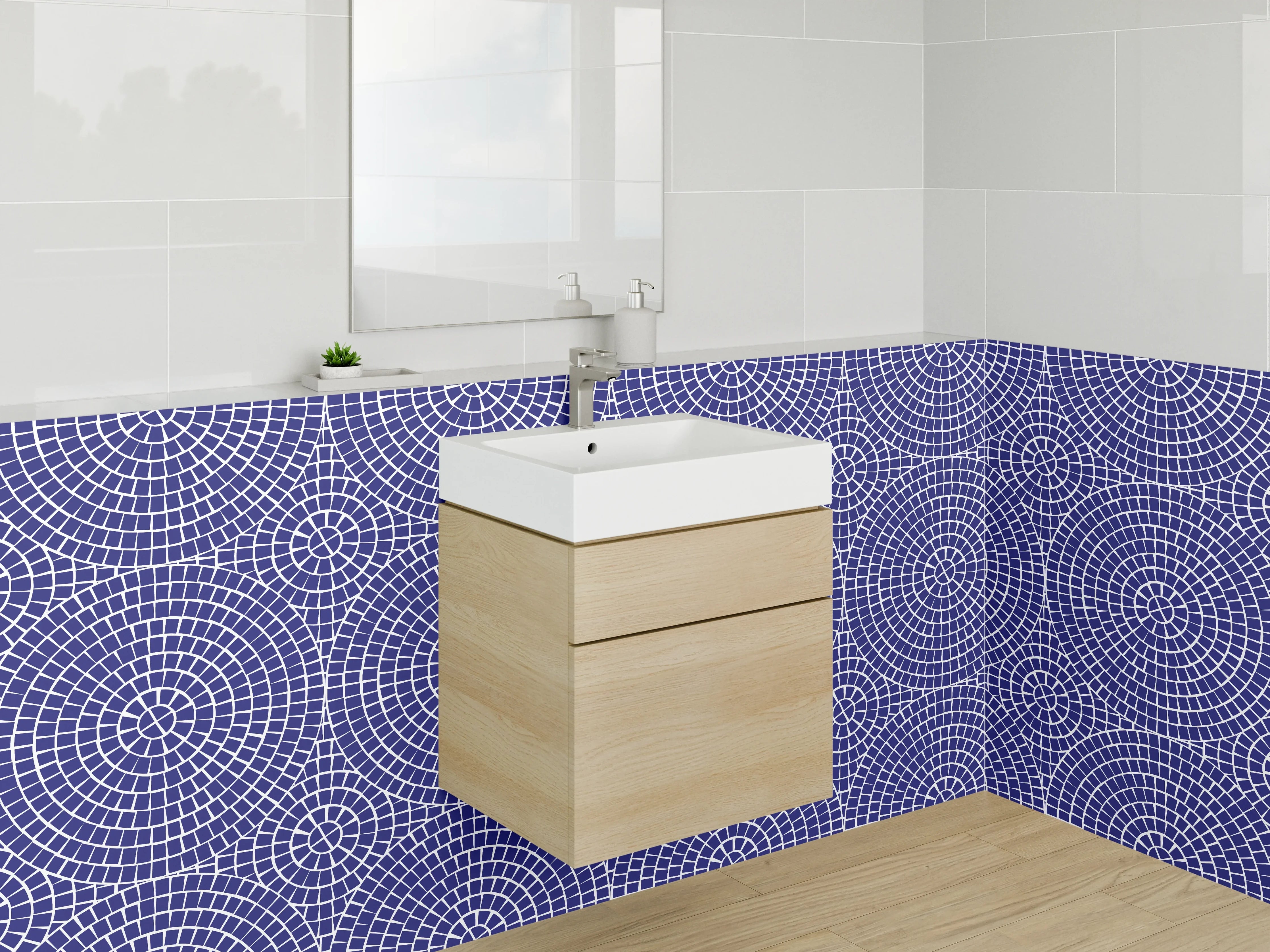 Waschbecken-Rückwand - Geometrisches Retro-Mosaik Blau Weiß