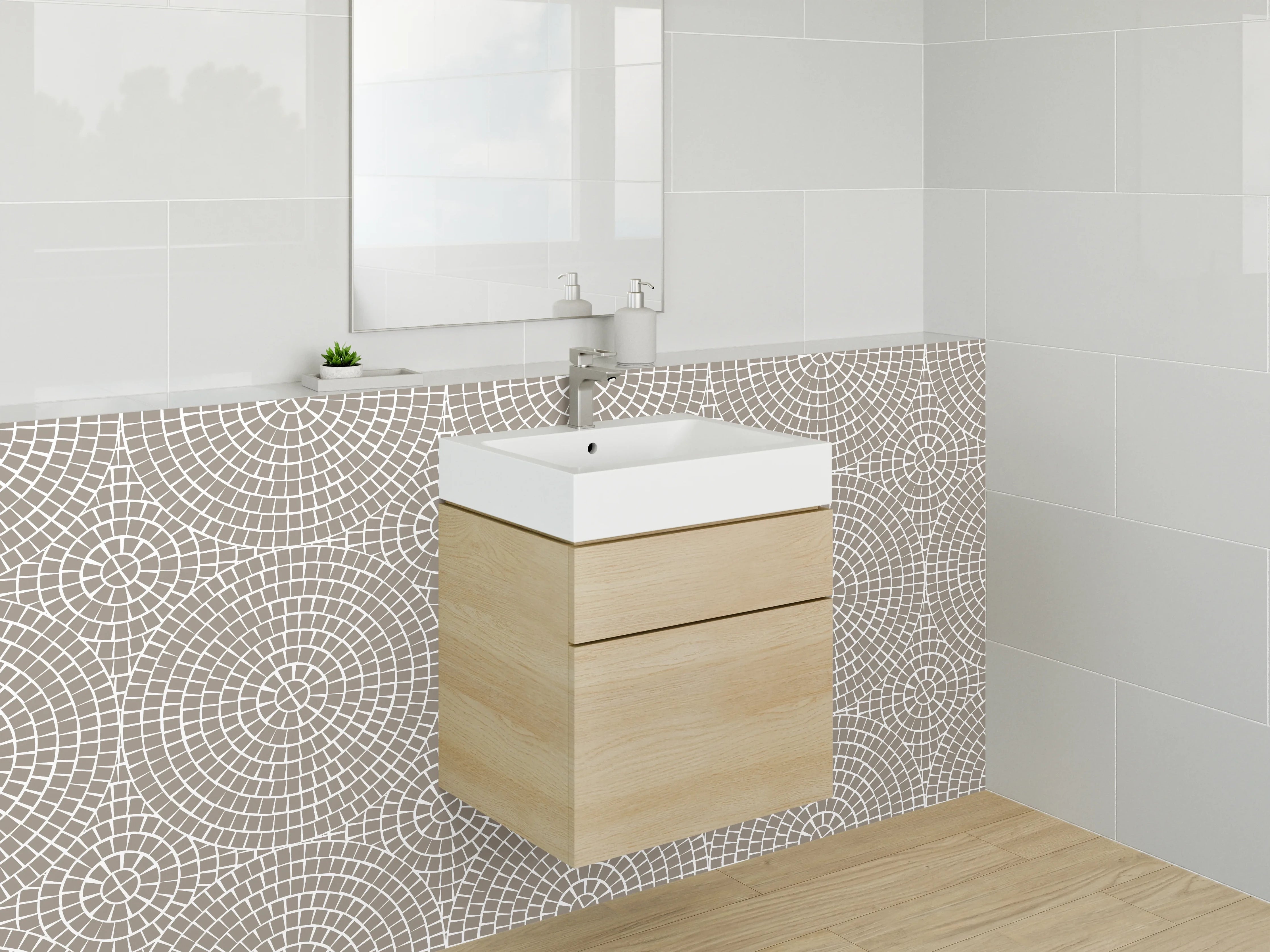 Waschbecken-Rückwand - Geometrisches Retro-Mosaik in Beige und Weiß