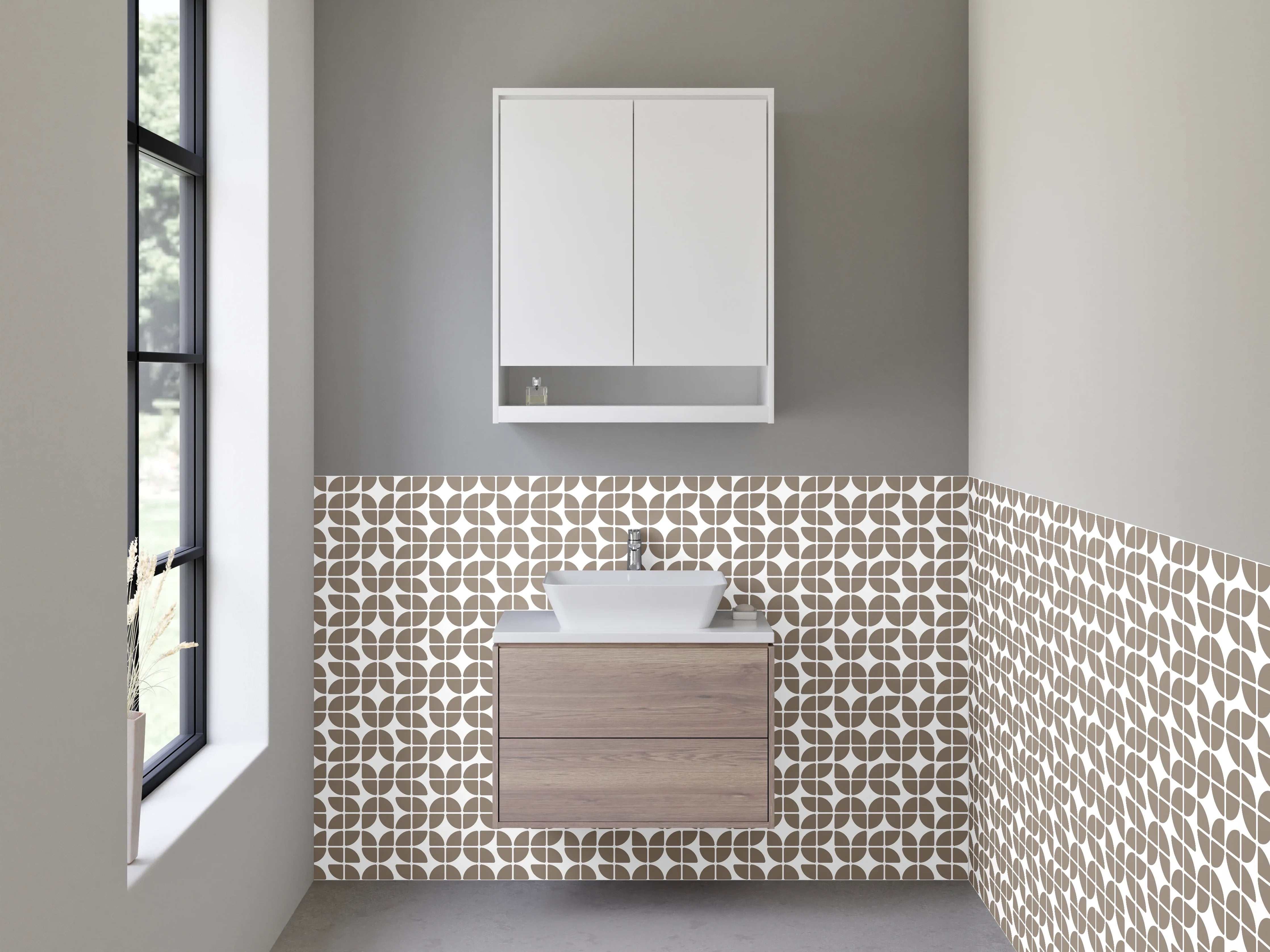 Waschbecken-Rückwand - Geometrisches Retro-Muster Beige Grau Weiß