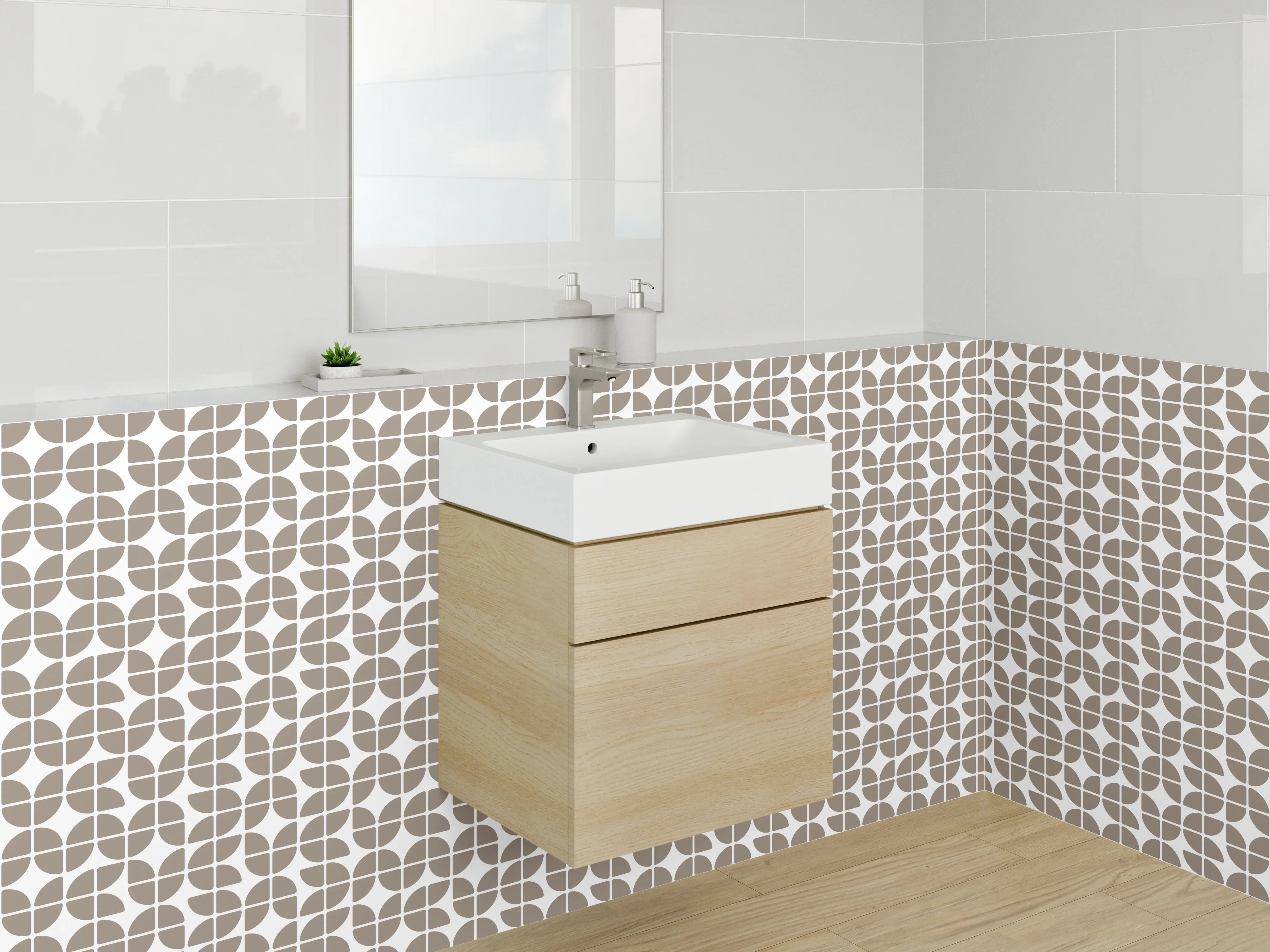 Waschbecken-Rückwand - Geometrisches Retro-Muster Beige Grau Weiß