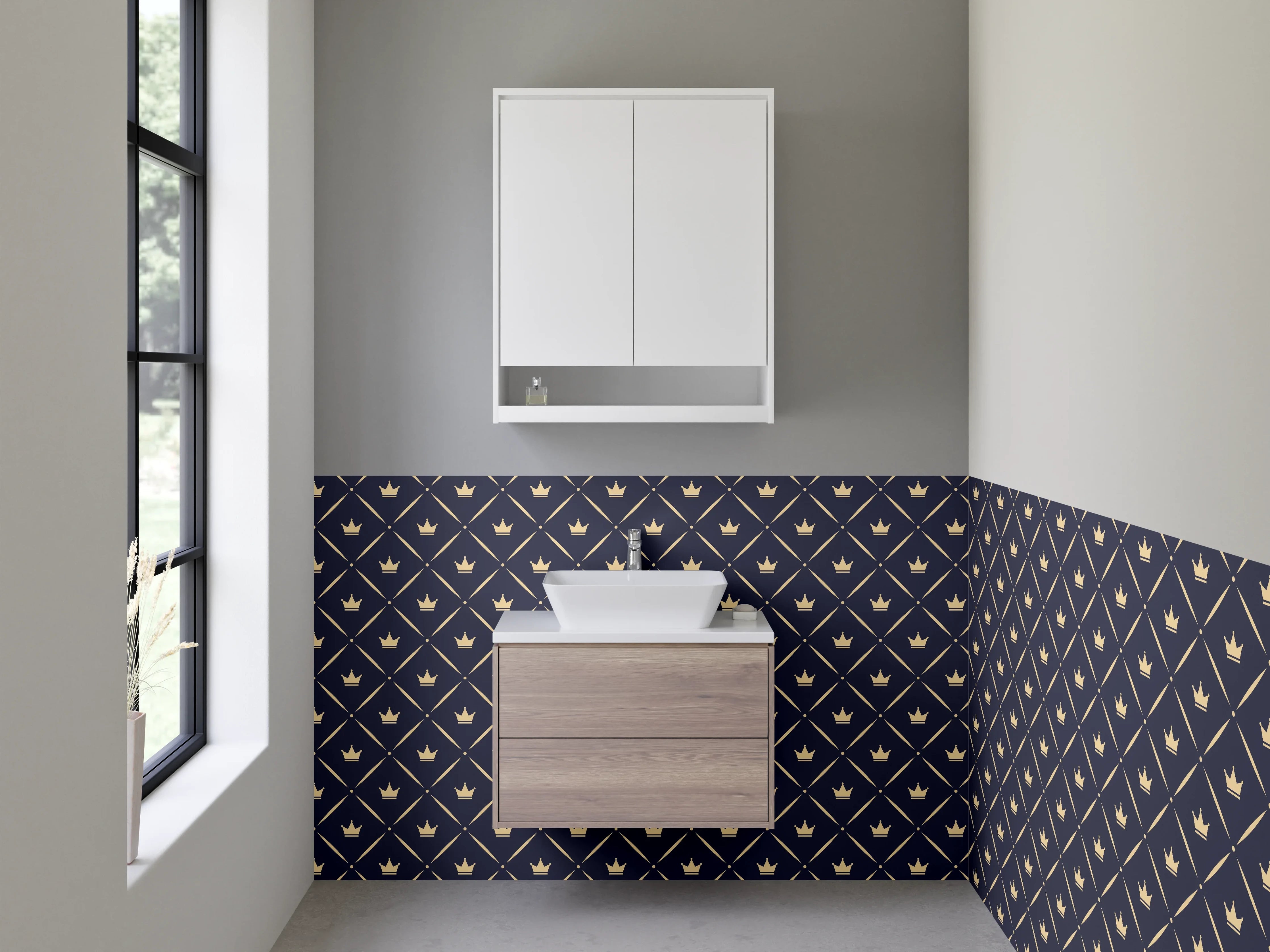 Waschbecken-Rückwand - Geometrisches Retro-Muster Blau Beige