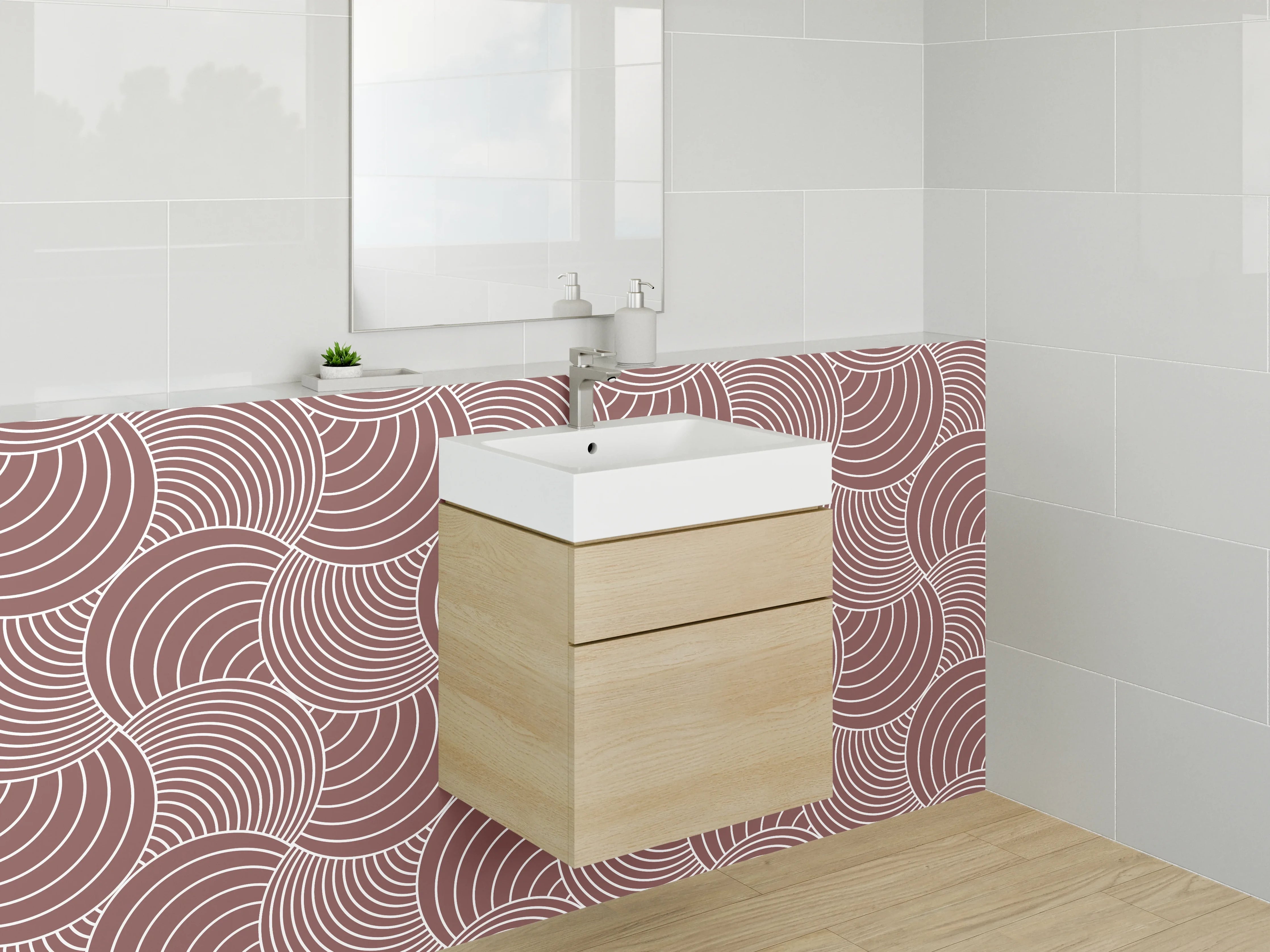 Waschbecken-Rückwand - Geometrisches Retro-Muster Braun Rosa