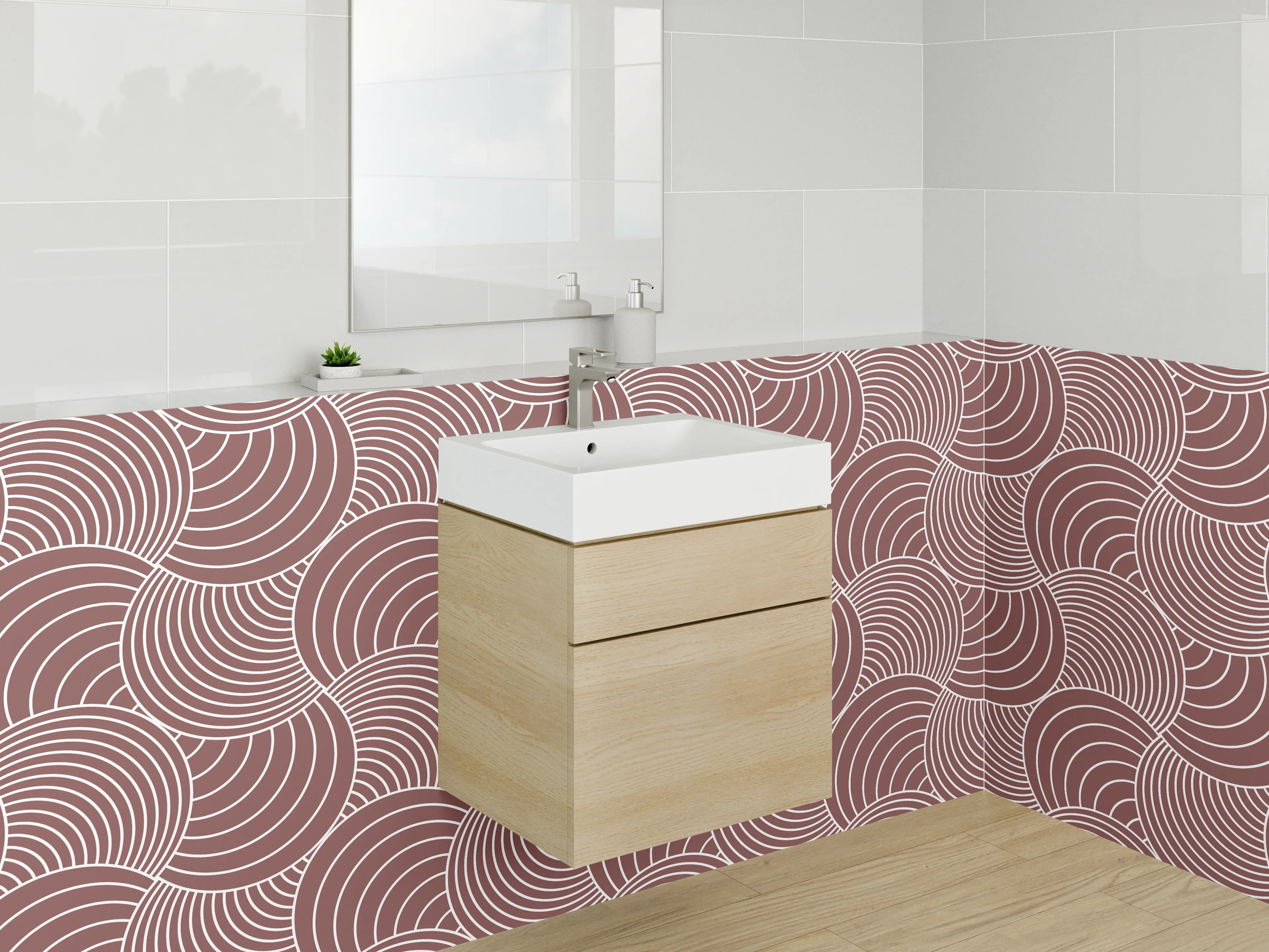 Waschbecken-Rückwand - Geometrisches Retro-Muster Braun Rosa
