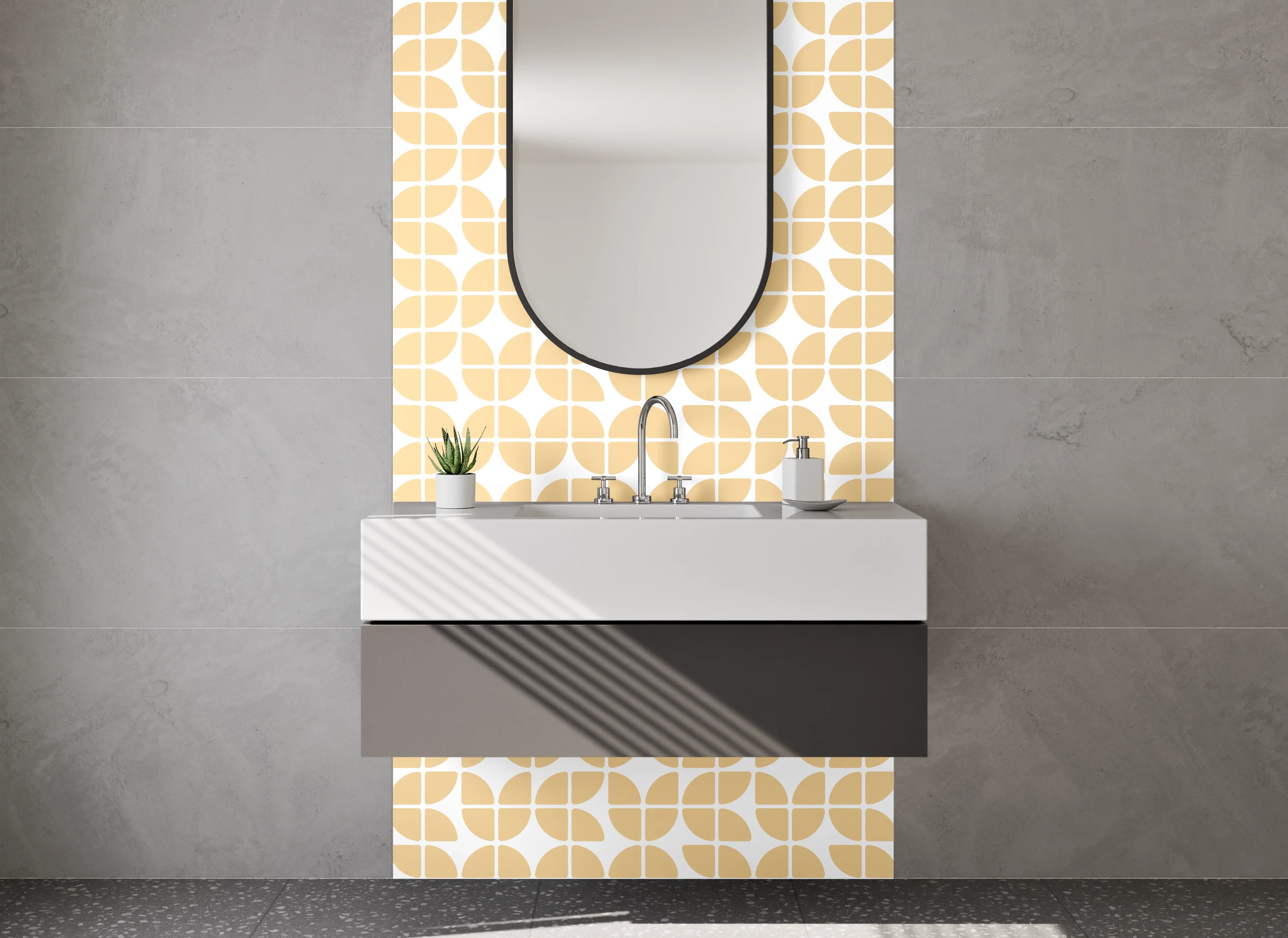 Waschbecken-Rückwand - Geometrisches Retro Muster Orange Beige