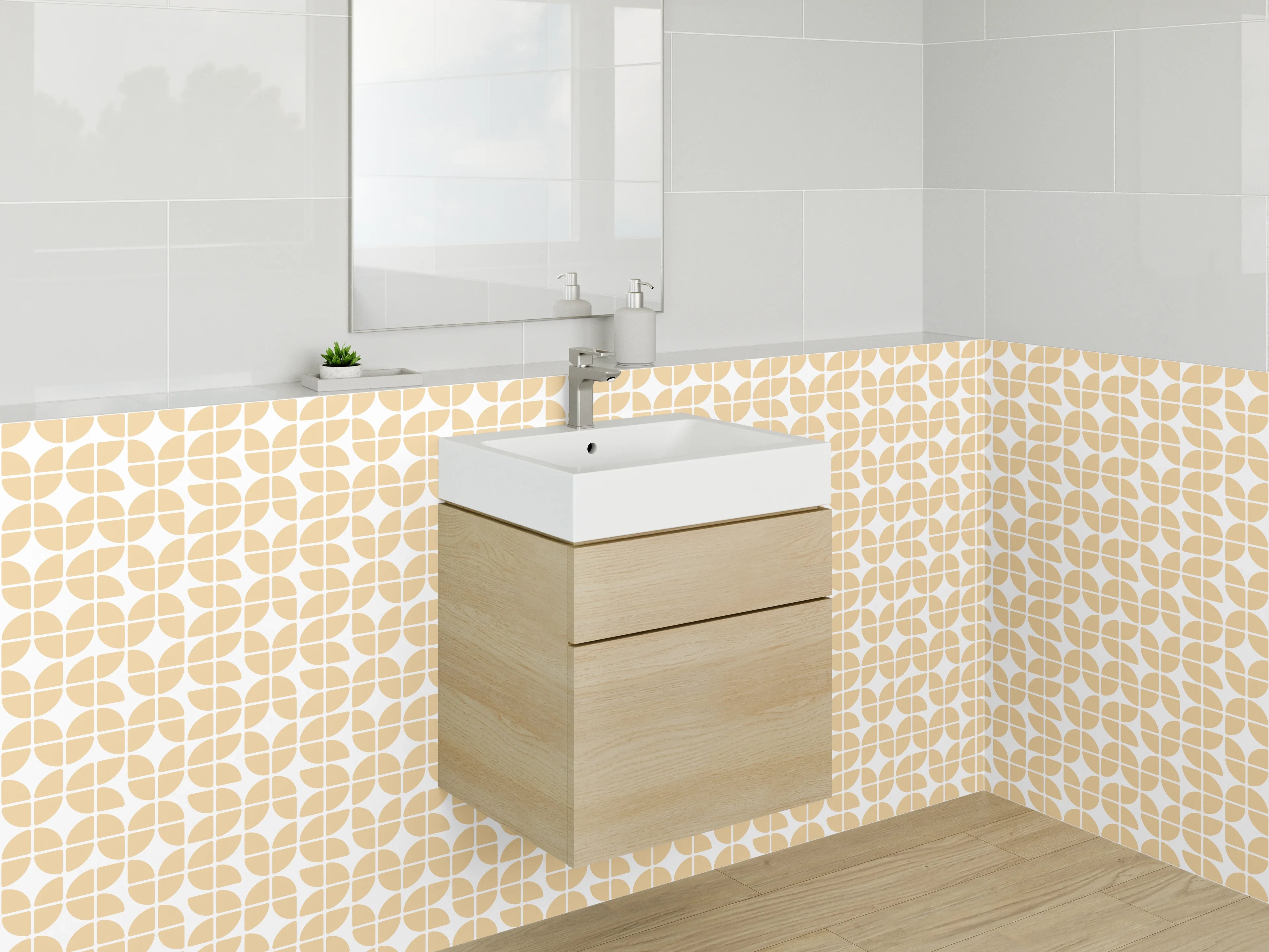 Waschbecken-Rückwand - Geometrisches Retro Muster Orange Beige