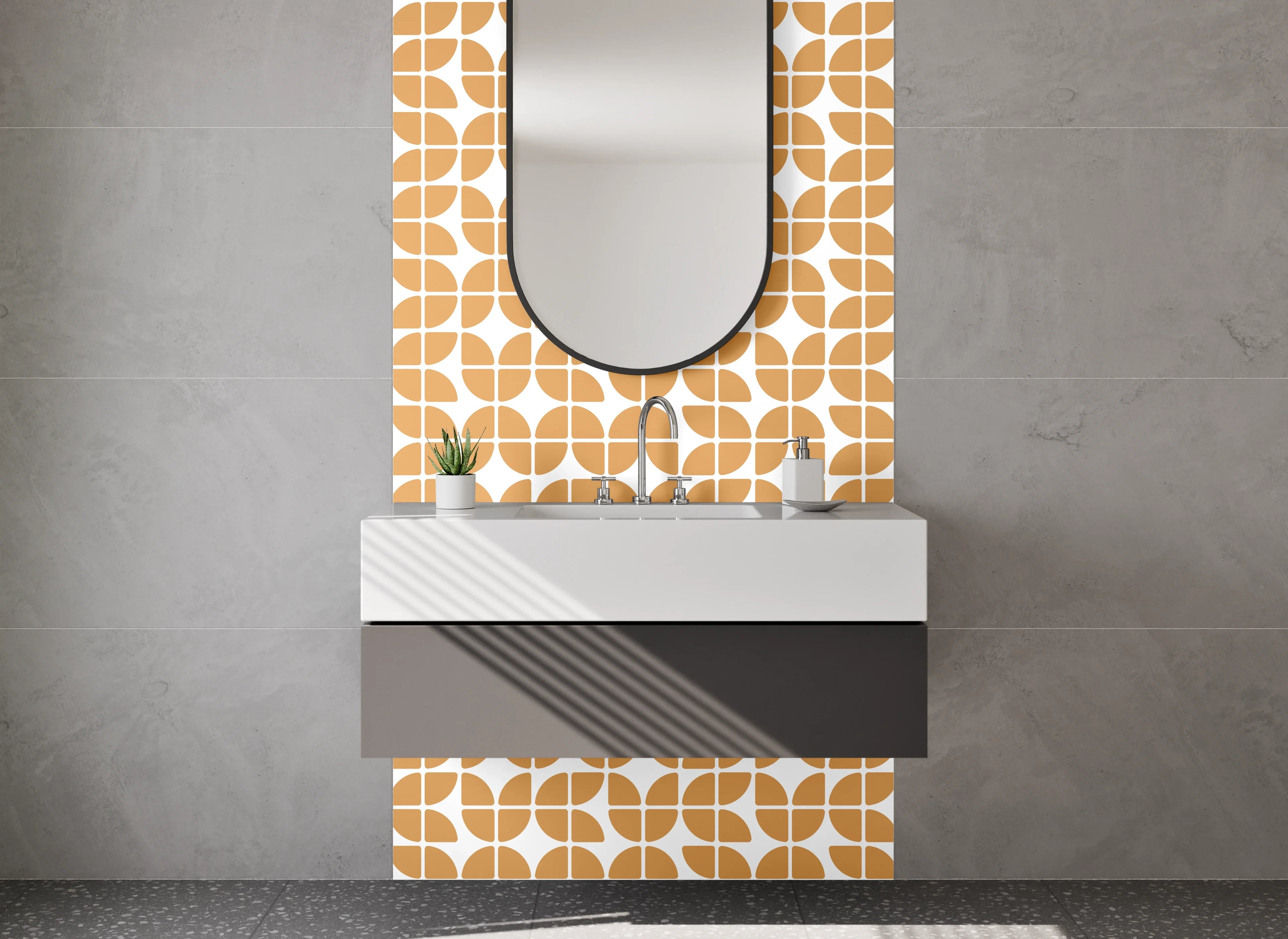 Waschbecken-Rückwand - Geometrisches Retro-Muster Orange Weiß