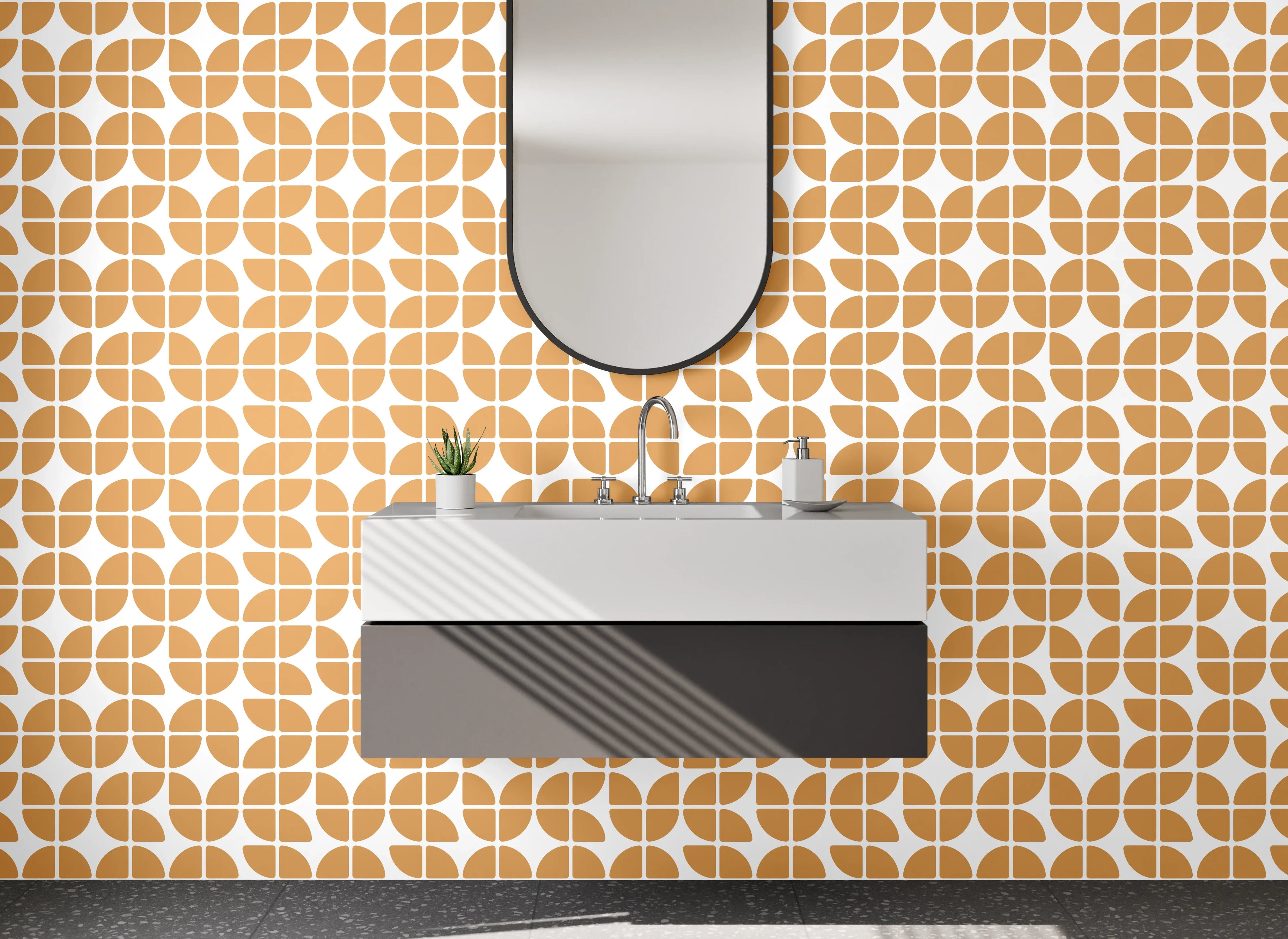 Waschbecken-Rückwand - Geometrisches Retro-Muster Orange Weiß