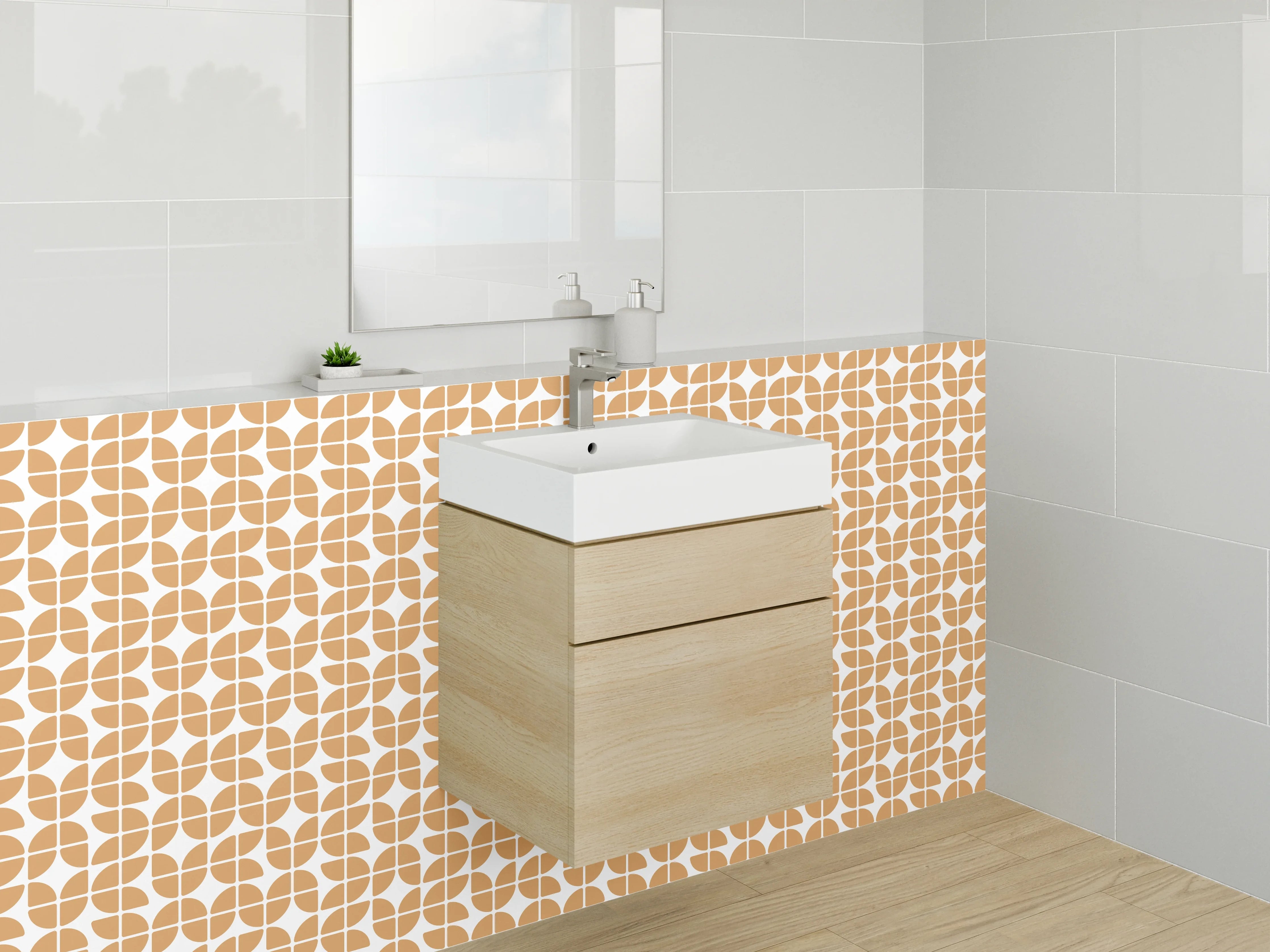 Waschbecken-Rückwand - Geometrisches Retro-Muster Orange Weiß