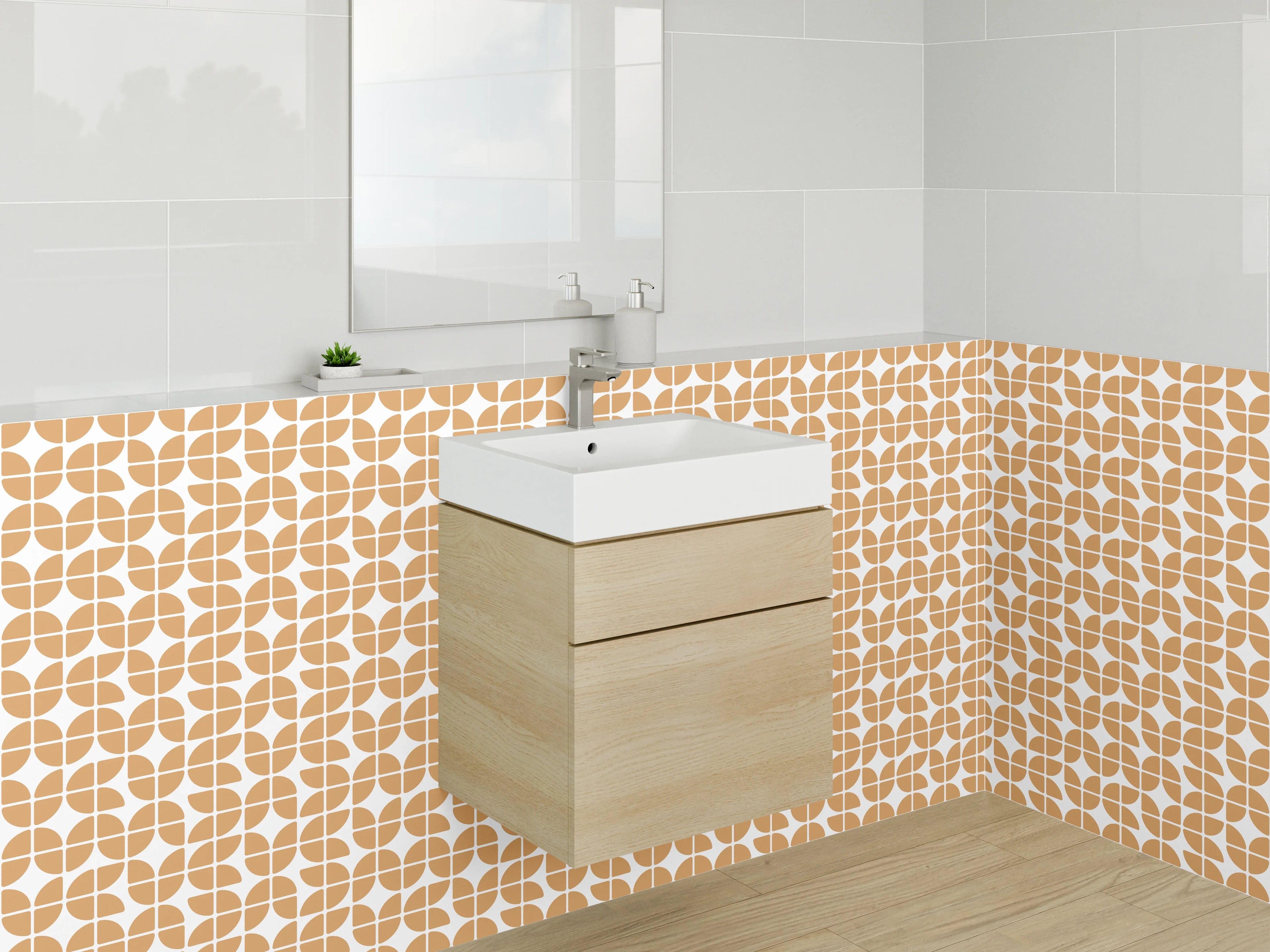 Waschbecken-Rückwand - Geometrisches Retro-Muster Orange Weiß