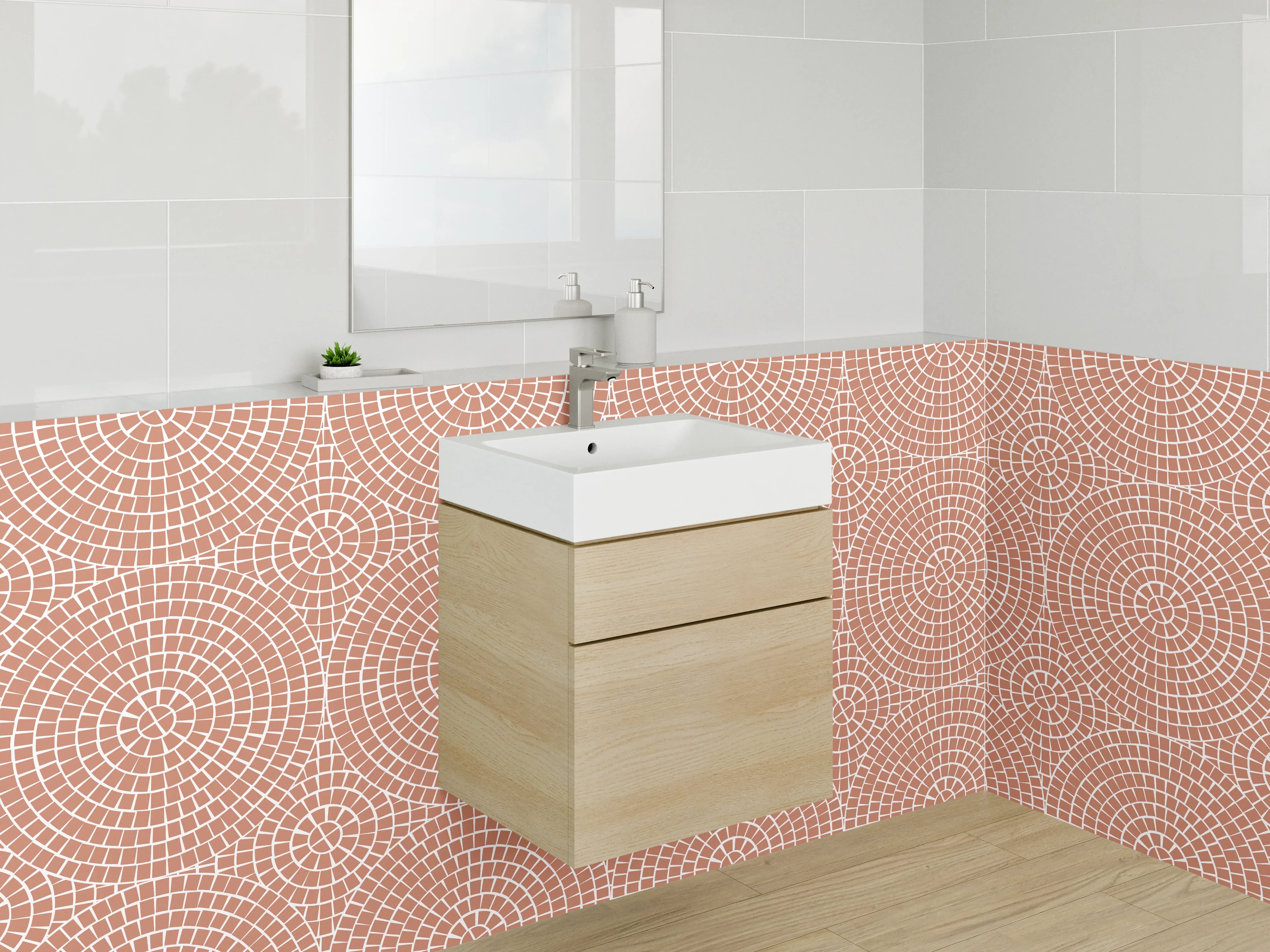 Waschbecken-Rückwand - Geometrisches Retro Muster Rosa Weiß