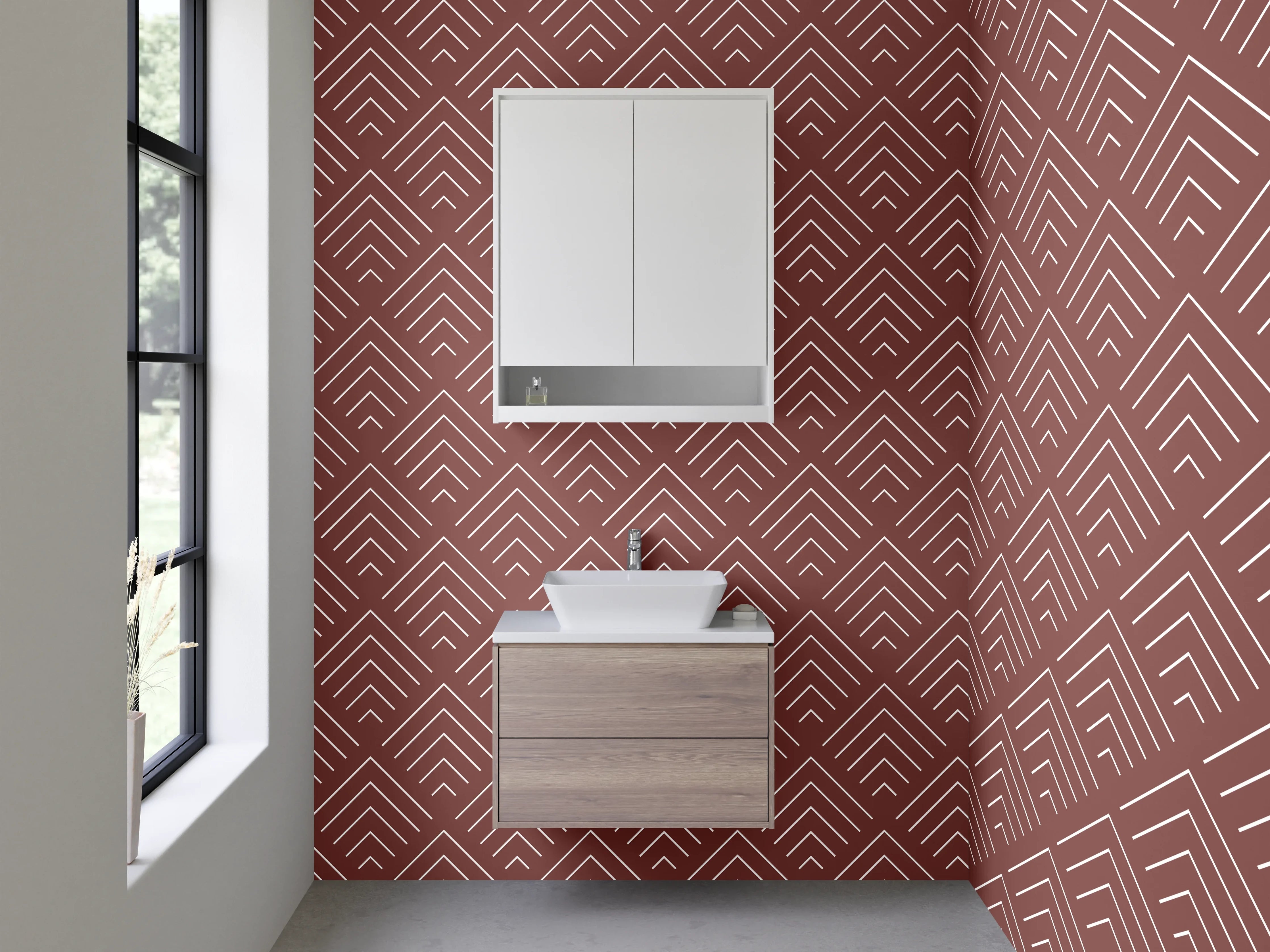 Waschbecken-Rückwand - Geometrisches Retro Muster Rot Weiß